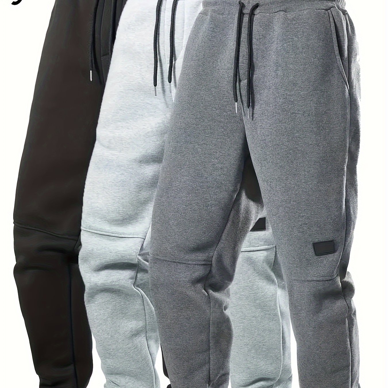 3pcs Men's Plus Size Ribbed Casual Solid Color Drawstring Sweatpants, Comfortable Lightweight Athletic Pants With Pockets, Polyester (polyester Fiber) Material, Regular Fit