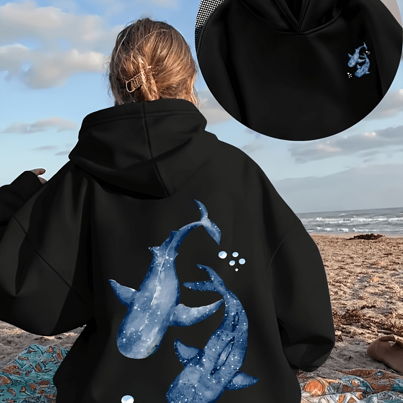 Image of A Women's Casual Top, European And American Ins, , Elegant, Fun, , Beach, , Literary, , Multi-print Pattern, Drawstring Hood, Pullover, Fleece-lined Sweatshirt, Loose And Lazy, , Top