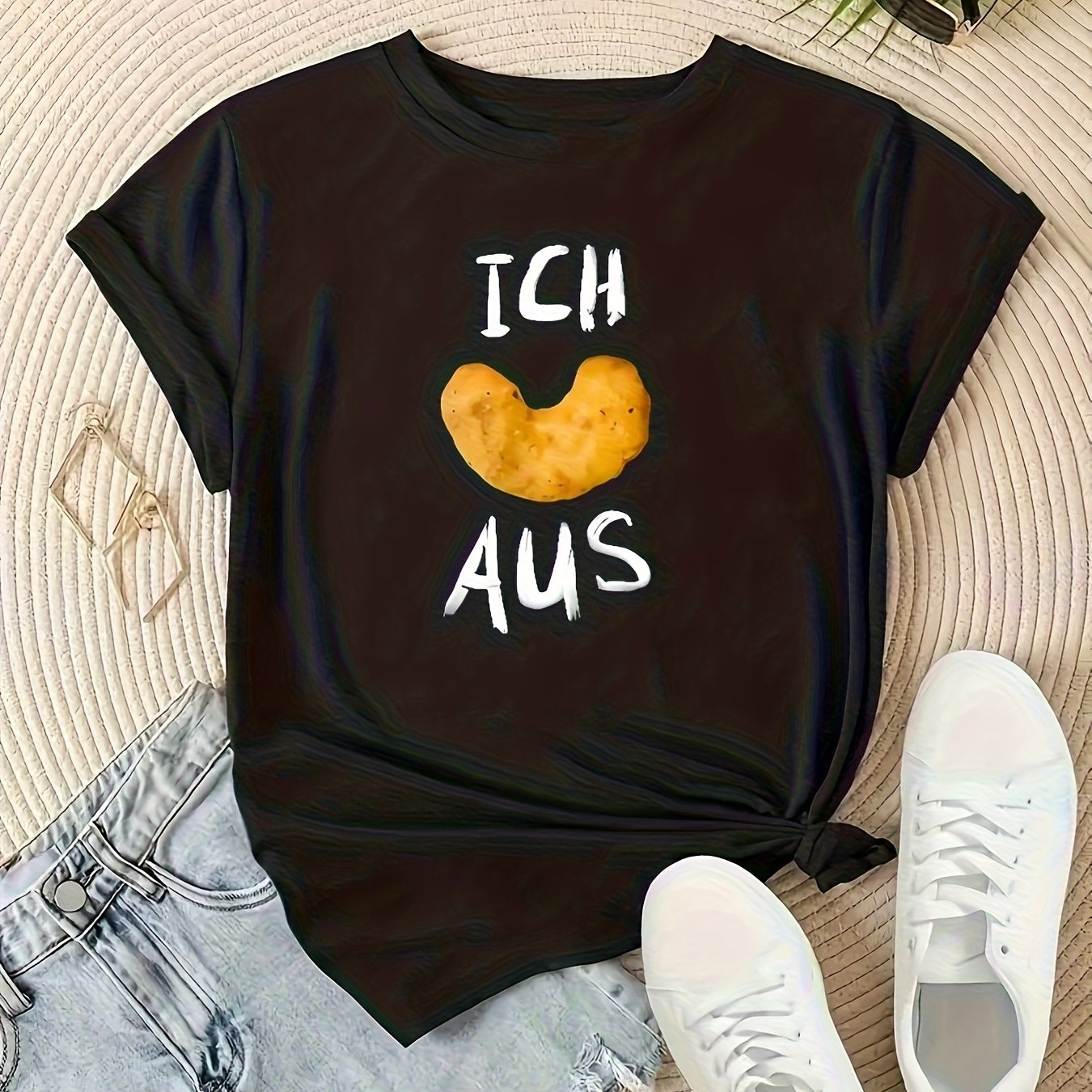 E-shop Damen T-Shirt mit lustigem Slogan "Ich aus" – Weiches, dehnbares Kurzarm-Shirt mit Rundhalsausschnitt deutscher Schrift, lässiges