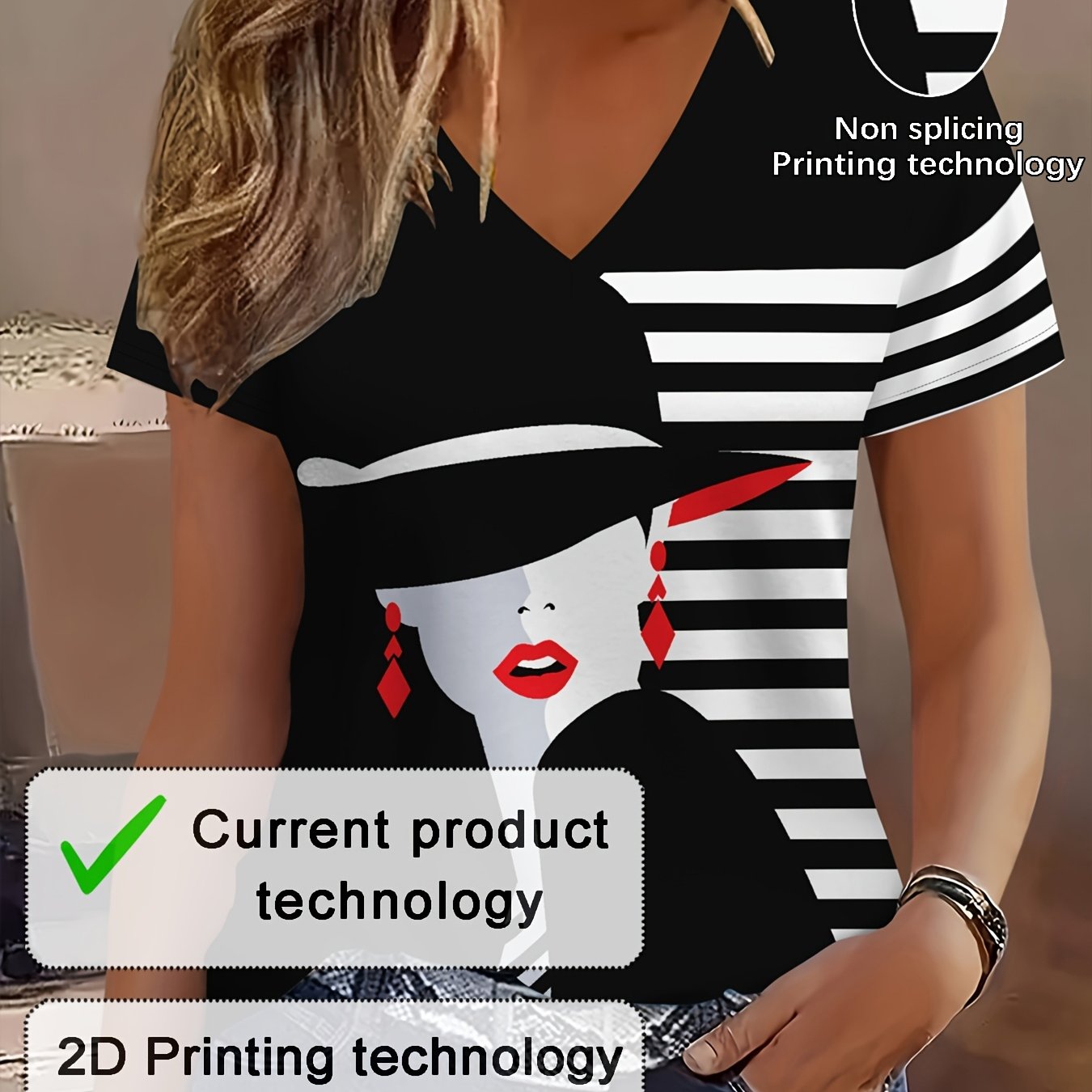 E-shop 2D-Druck, Elegantes, lässiges Urlaubs--Gemälde, gestreiftes Farbblock-Patchwork, Porträt-Grafik, atmungsaktives V-Ausschnitt-Kurzarm-T-Shirt mit