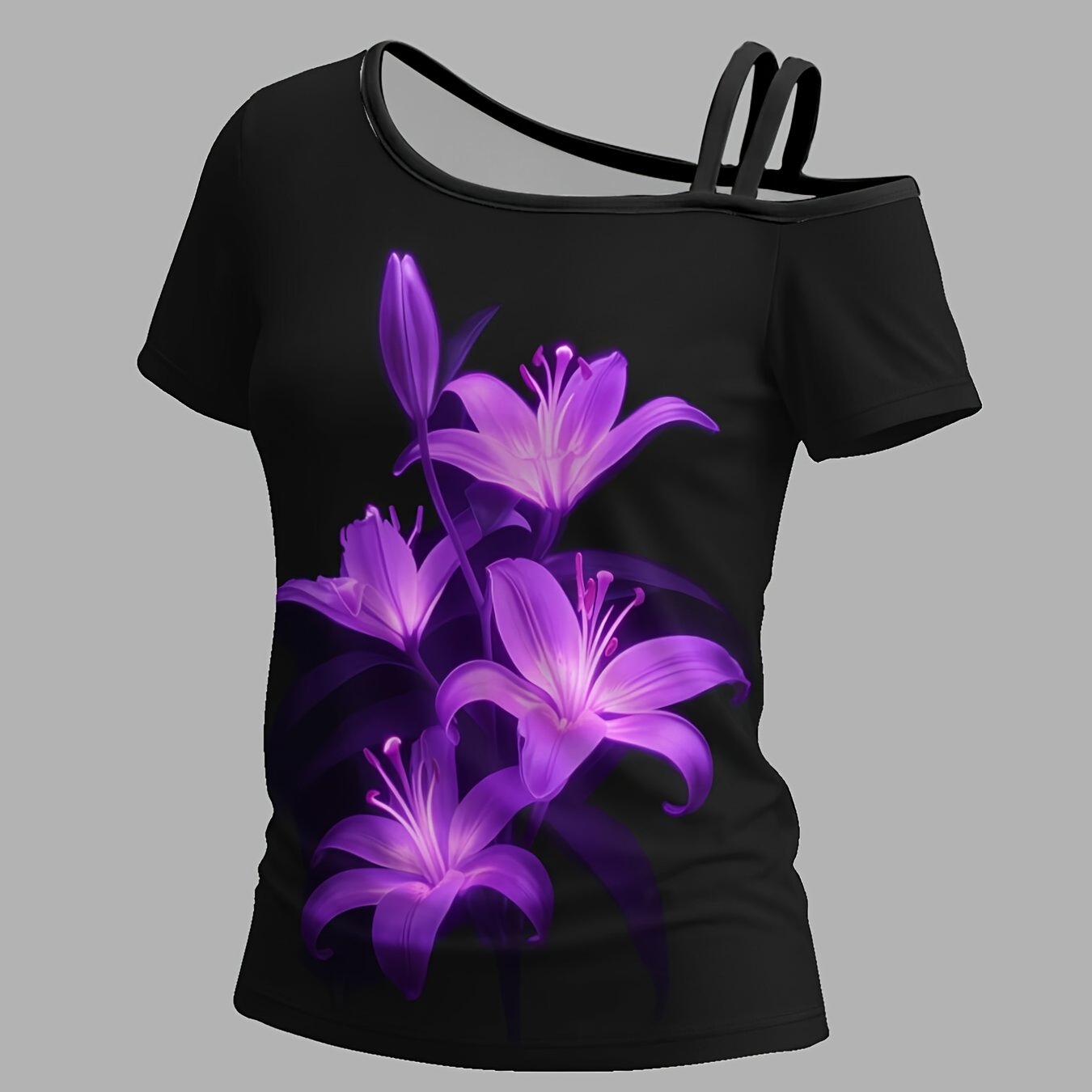 TEMU Print Women's Off-shoulder Short-sleeved T-shirt With Single Shoulder Strap, Featuring A Unique Asymmetrical Design, Trendy Prints, Round