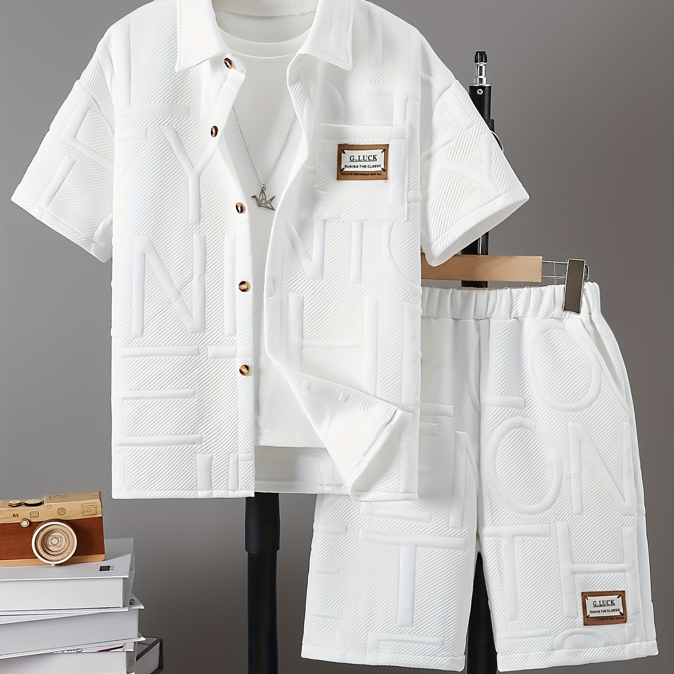 Image of Boys' Stylish Summer Casual Outfit Featuring A Letter-embossed Shirt And Shorts Set, For Outdoor