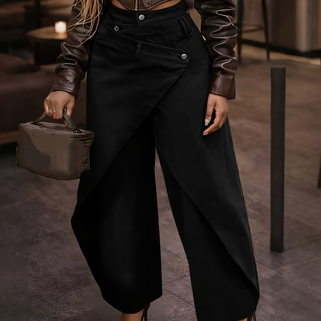American-style Women's Vintage Hot Irregular Wide-leg Pants, High-waist With Metal For A Effect, Drapey Long Pants, Street , Comfortable, Soft, And Durable Fabric, Versatile For Outdoor Casual Wear