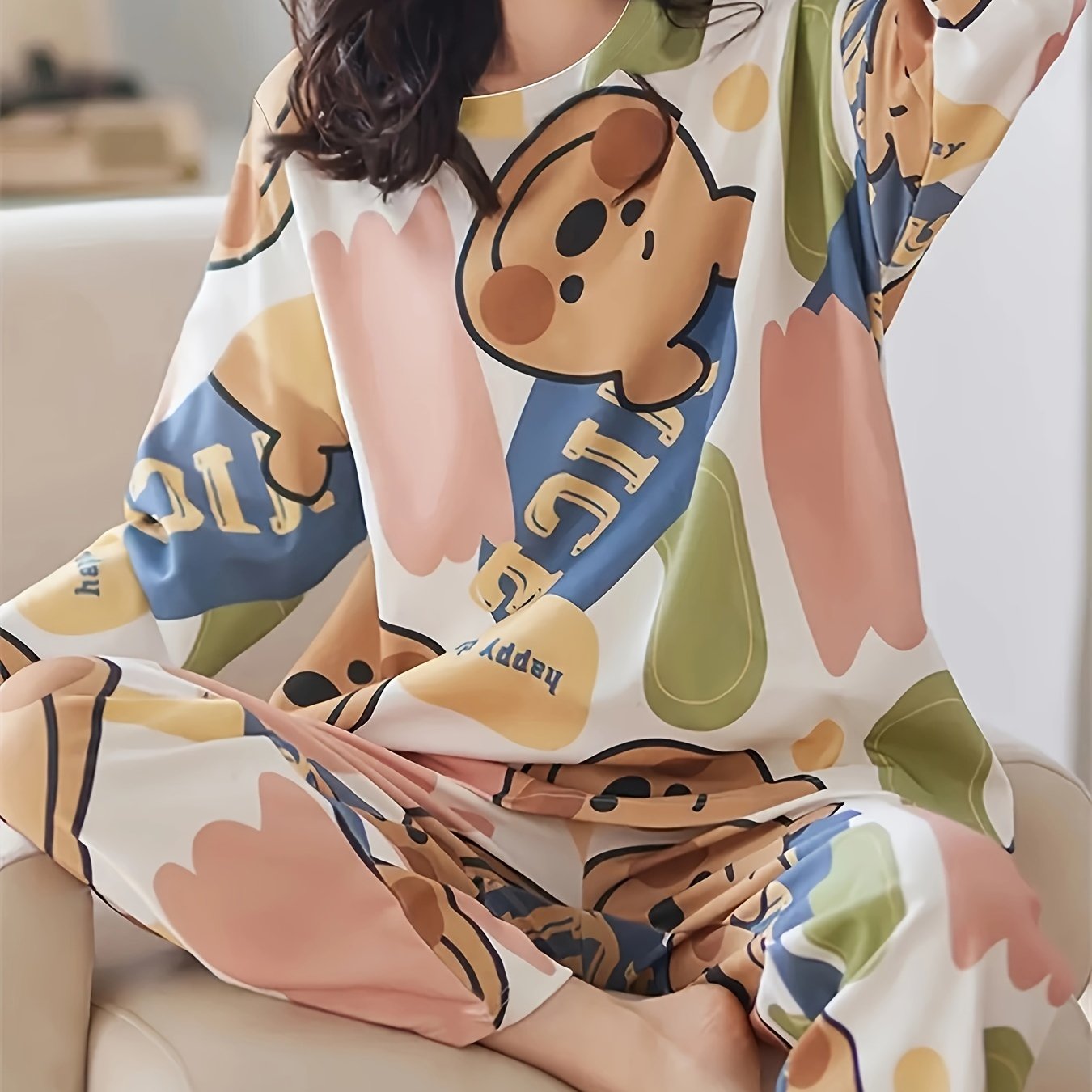 Image of Cartoon Bear Print Pajama Set, Long Sleeve Round Neck Top And Bear Pants, Women's Sleepwear Loungewear For Autumn/winter