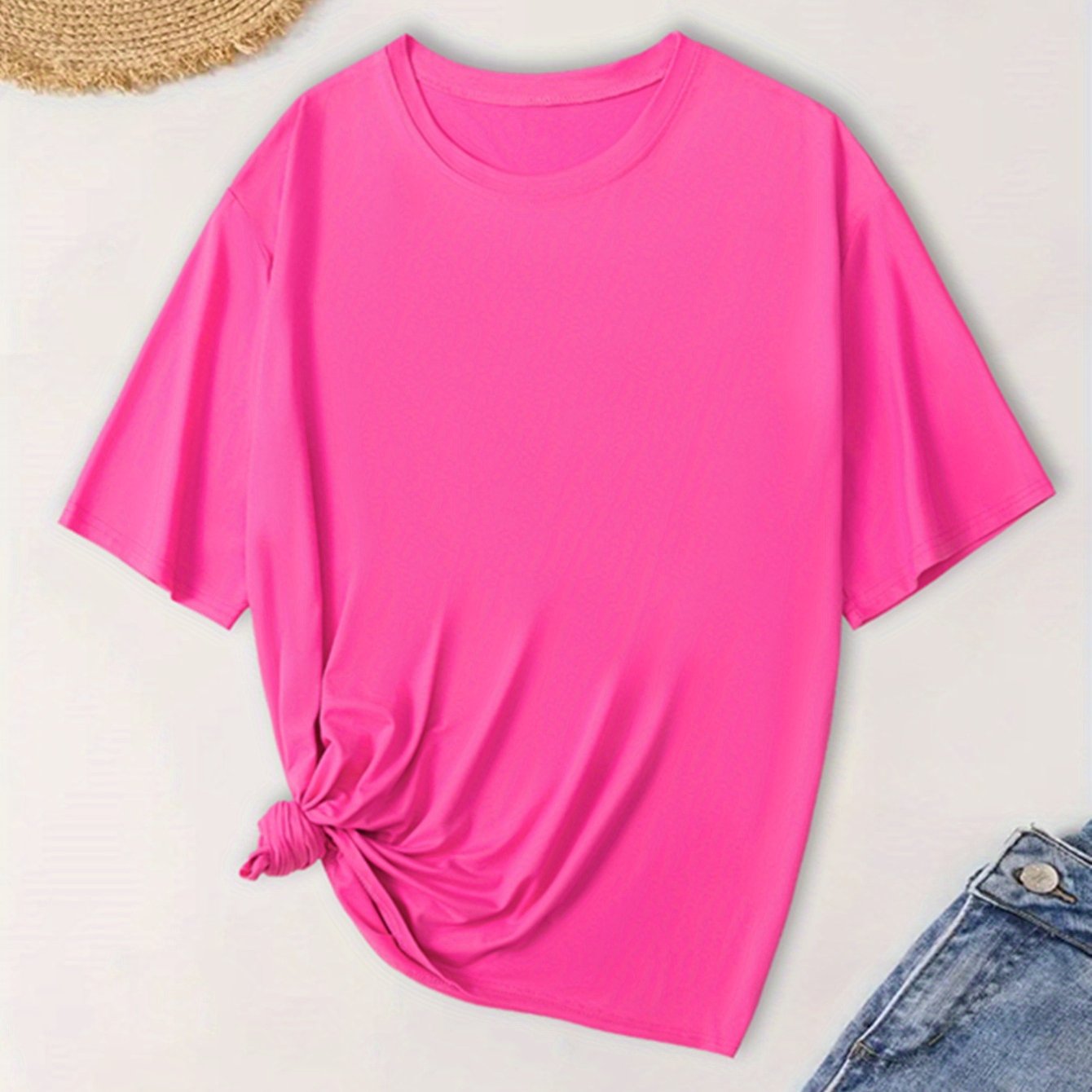 E-shop Damen Kurzarm T-Shirt in Unifarben für alle Jahreszeiten, Bequemes Atmungsaktives -Gewebe, Casual Y-Stil