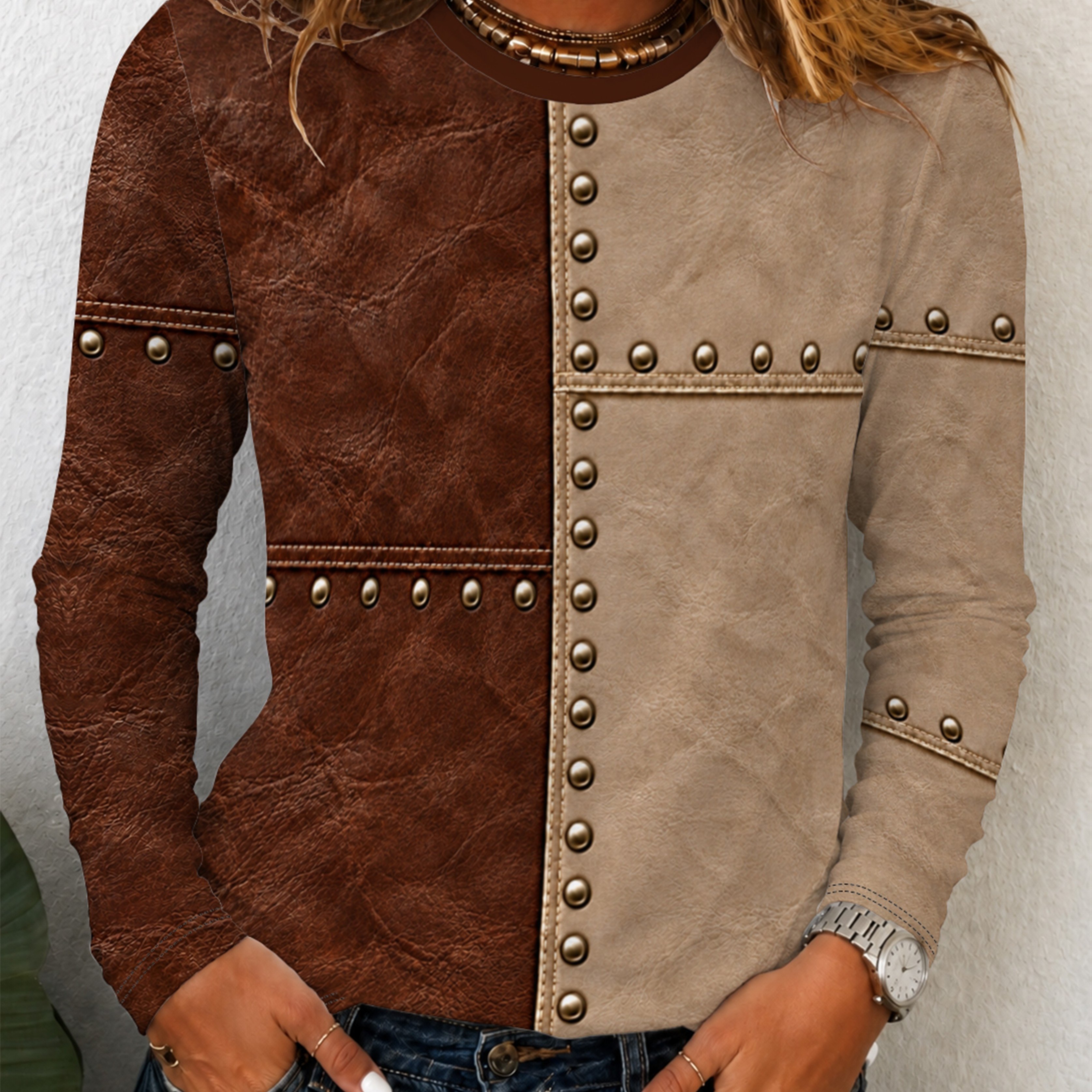 TEMU T-shirt à manches longues pour femme, nouvelle taille standard, motif imprimé texture, haut à col ras du cou marron beige avec blocs de couleur