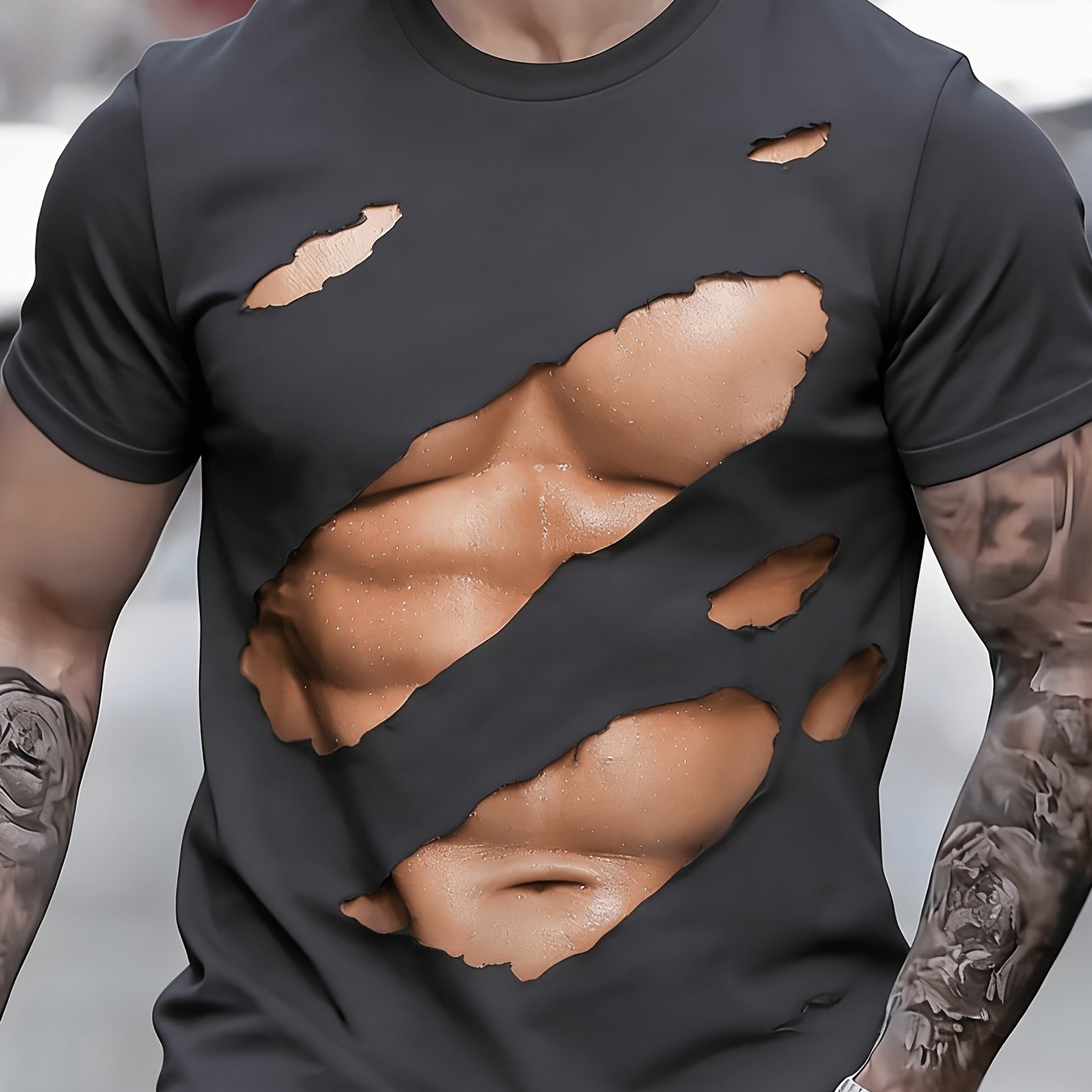 TEMU [printed Design-not Textured] Short-sleeve Tee With Unique Printed Abdominal Muscle Patterns That Effortlessly Showcase An Unruly Attitude.