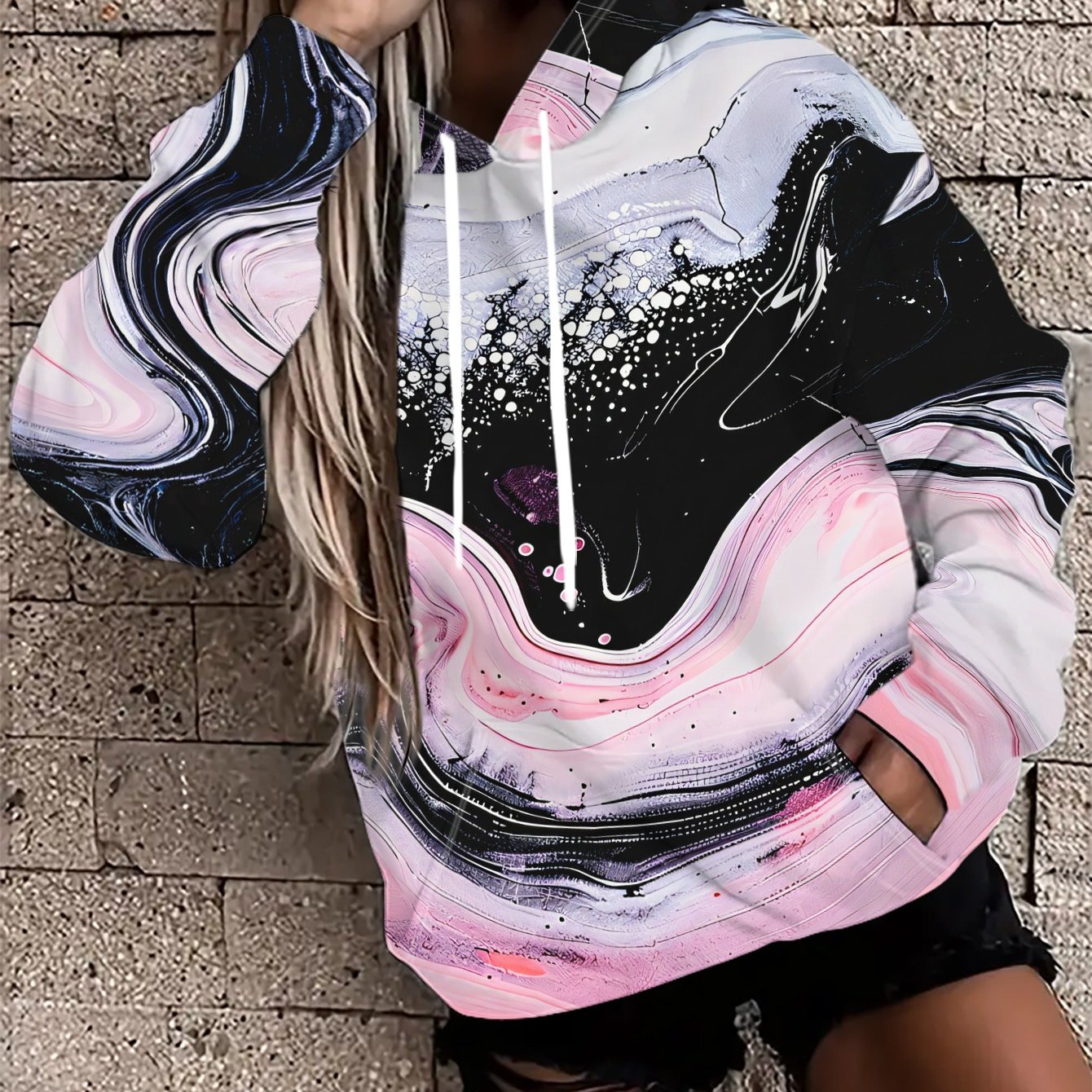 TEMU Women's Casual Black And White Ink Blend Abstract Hooded Sweatshirt - Machine Washable Polyester, Drawstring Design