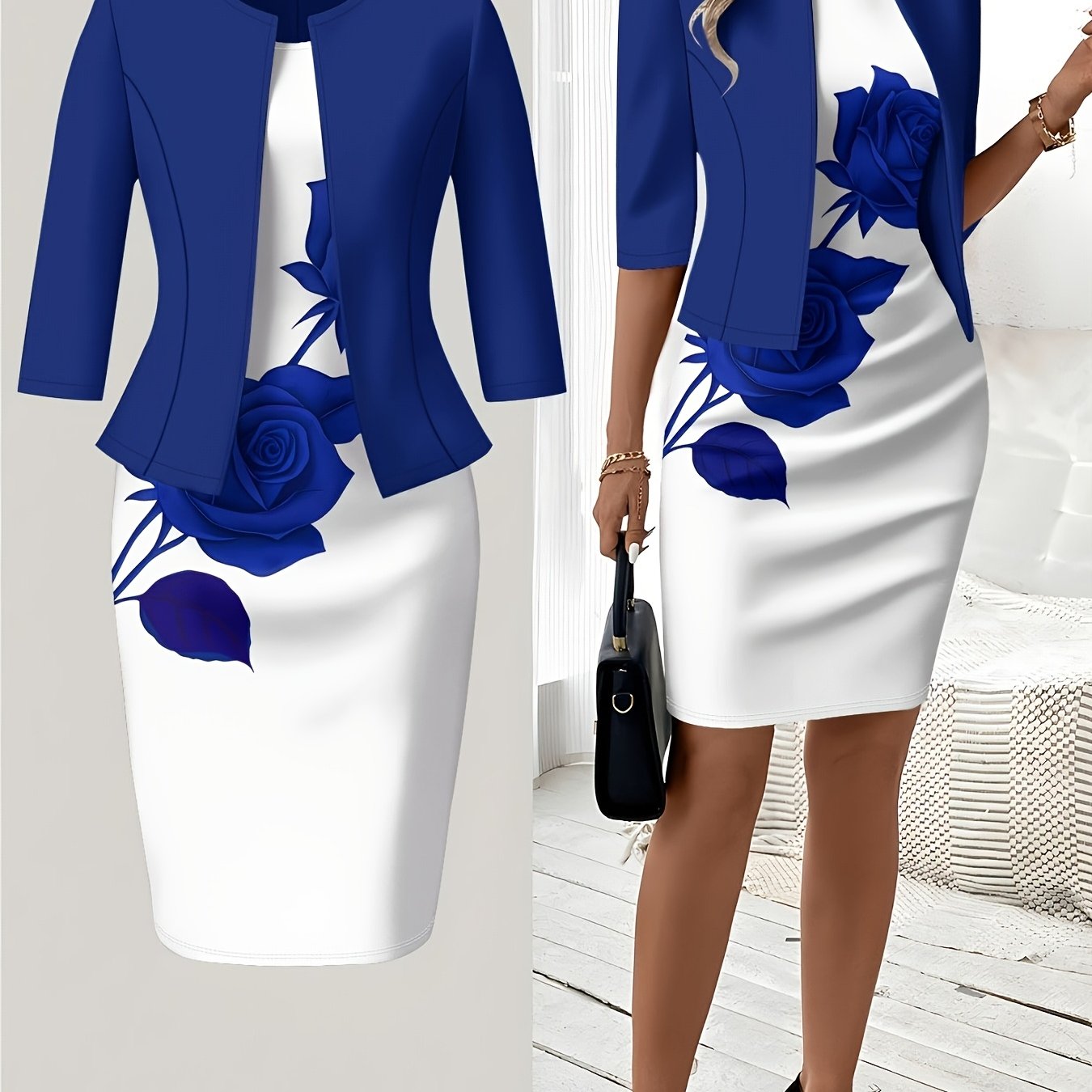 Image of Qc Blue Rose Floral Print Dress Set