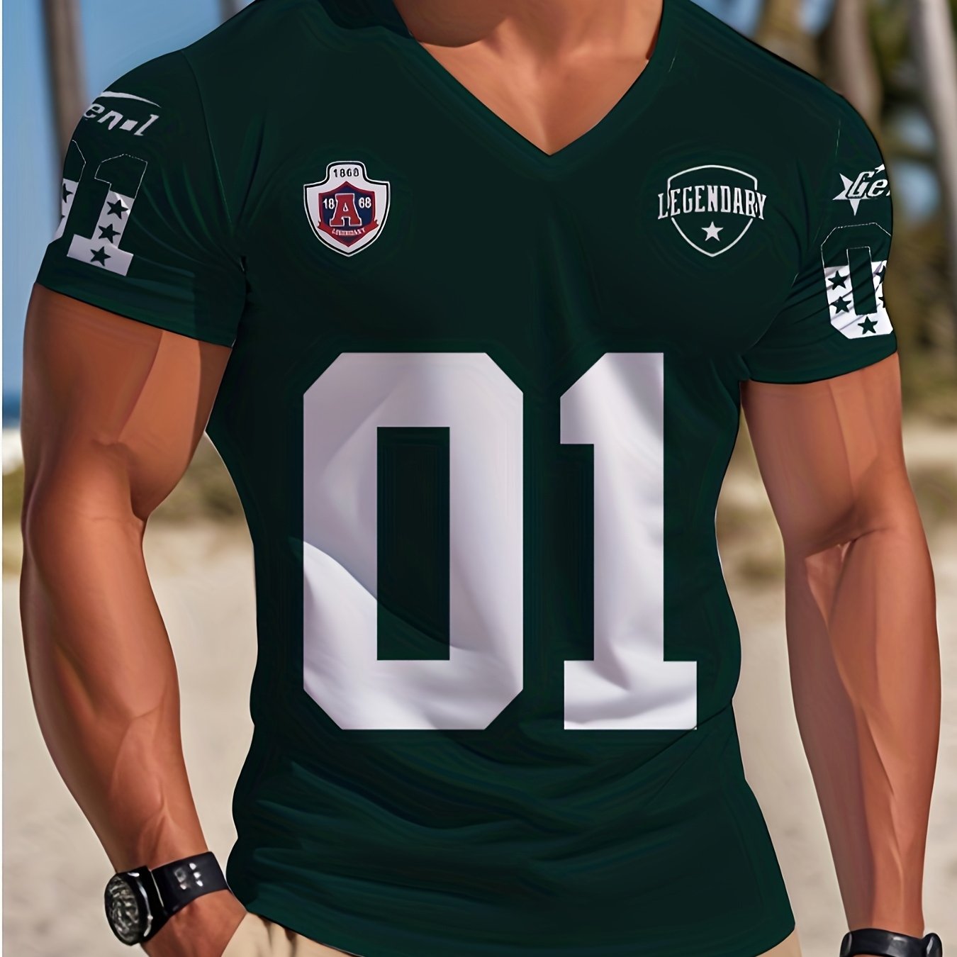 TEMU [printed Design - Not Textured] Men's Summer Sports & Casual Quick-dry Stretch V-neck Short-sleeve T-shirt - Printed V-neck T-shirt