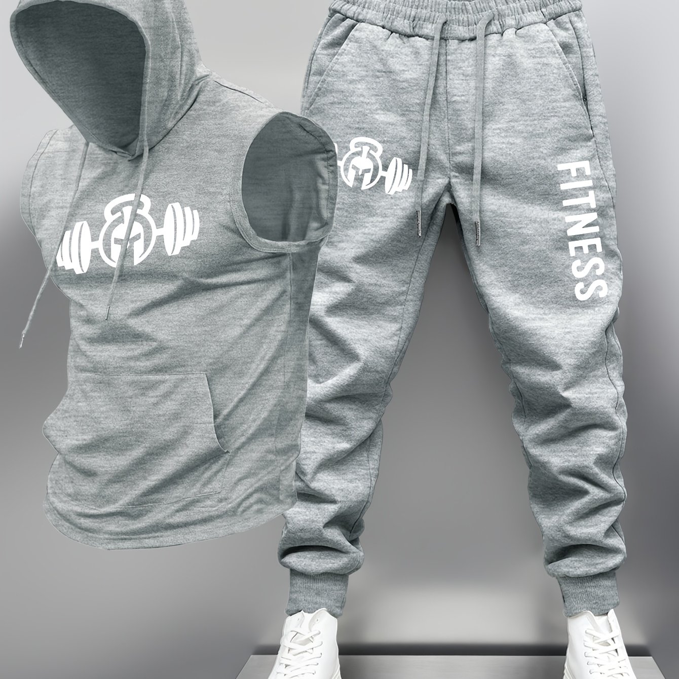 TEMU Trendy Brand Men's Fashion Hooded Tank Top And Long Pants Set Men's Gift Letter Pattern Sports Training Outfit Sleeveless Hooded Casual Set
