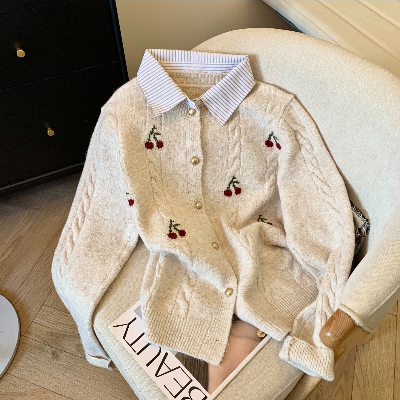 E-shop Herbst/Winter Vintage-Top im britischen Stil für Damen, 2-in-1-Look-Cardigan, eleganter verdickter Pullover