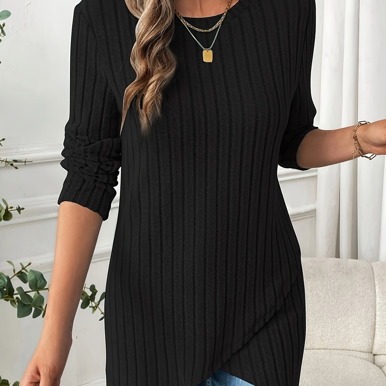 88090917 Round Neck Irregular Hem Long Sleeve