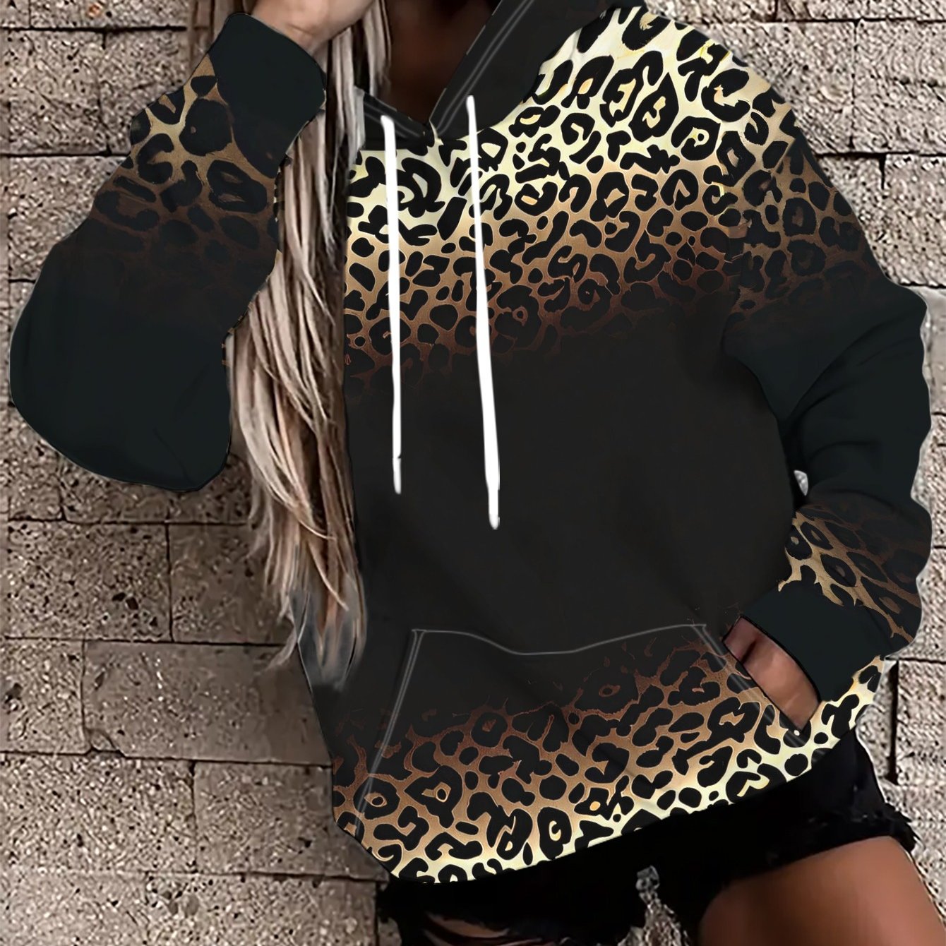 TEMU Women's Black & Print Hooded Sweatshirt - Casual Pullover Sweater With Central Black Area, Machine Washable Polyester, Spring Summer Fall