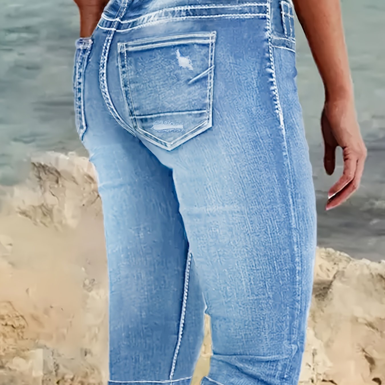 Image of Plus Size Distressed Blue Ripped Hem Capri Pants High Waist Stretchy Retro Casual Comfortable Women's Jeans