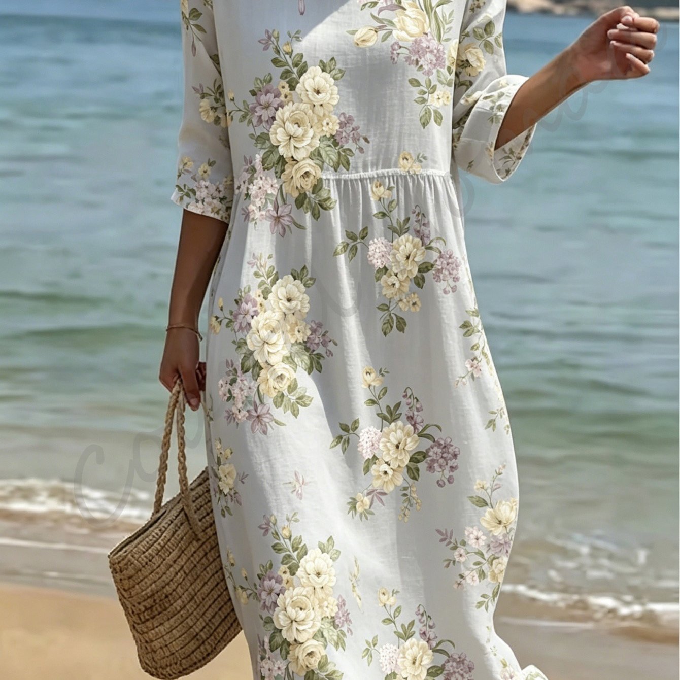 Women's Style Dress, Round Neck And Three-quarter Sleeves, Gentle Pastoral Style Midi Dress, Elegant Long Dress, Suitable For Commuting And Vacation.