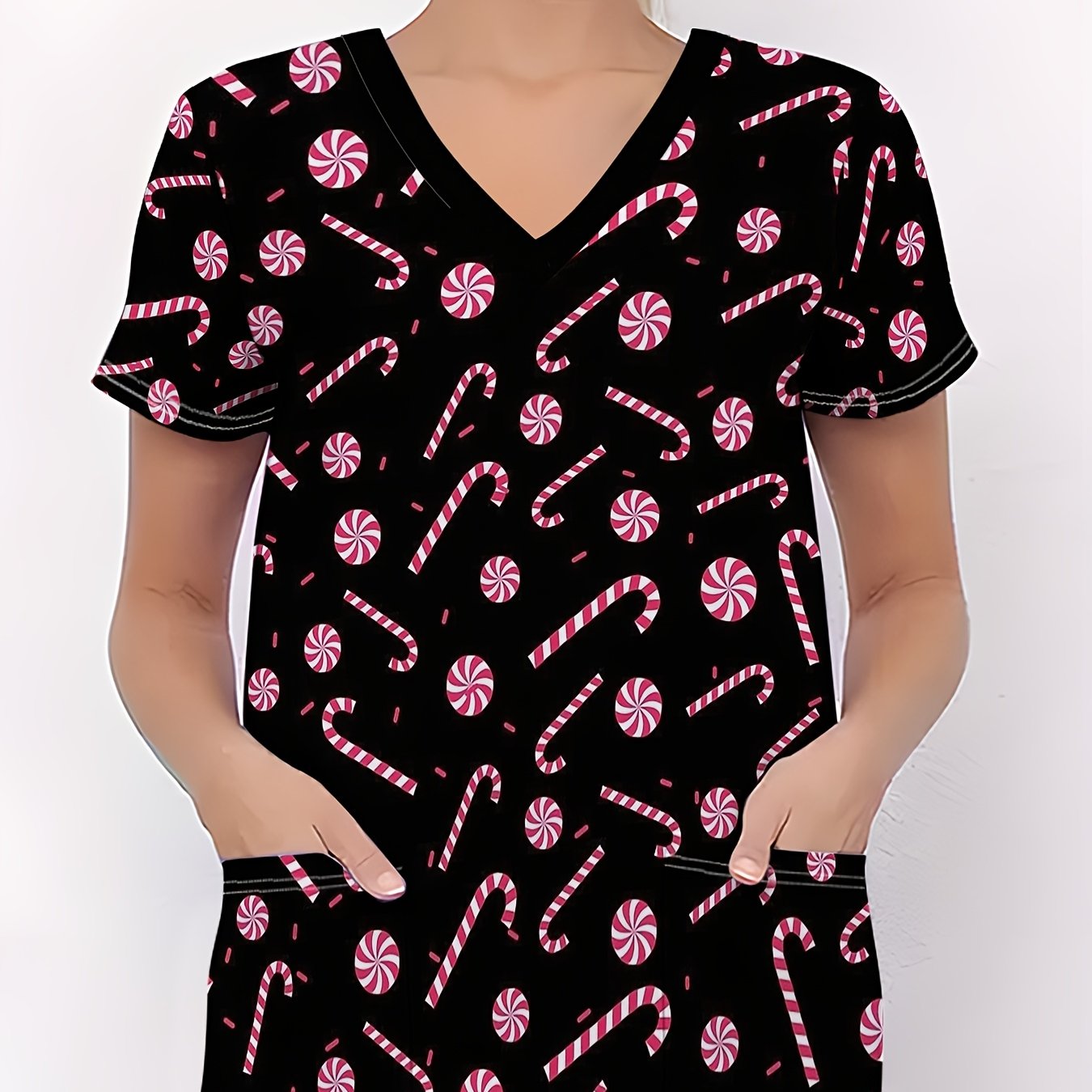 TEMU Christmas Women's Nurse Uniform Printed T-shirt With Red And White Lollipop And Candy Cane Patterns Scattered On A Black Background, Soft And