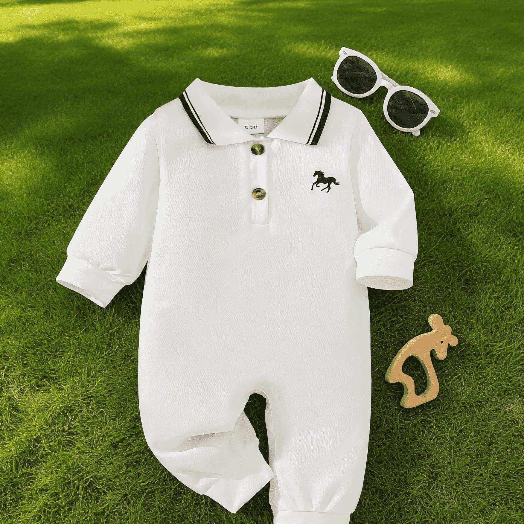 Baby Boy Infant Casual Comfortable Breathable Solid Color Embroidered Little Pony Round Neck Romper, For Outdoor