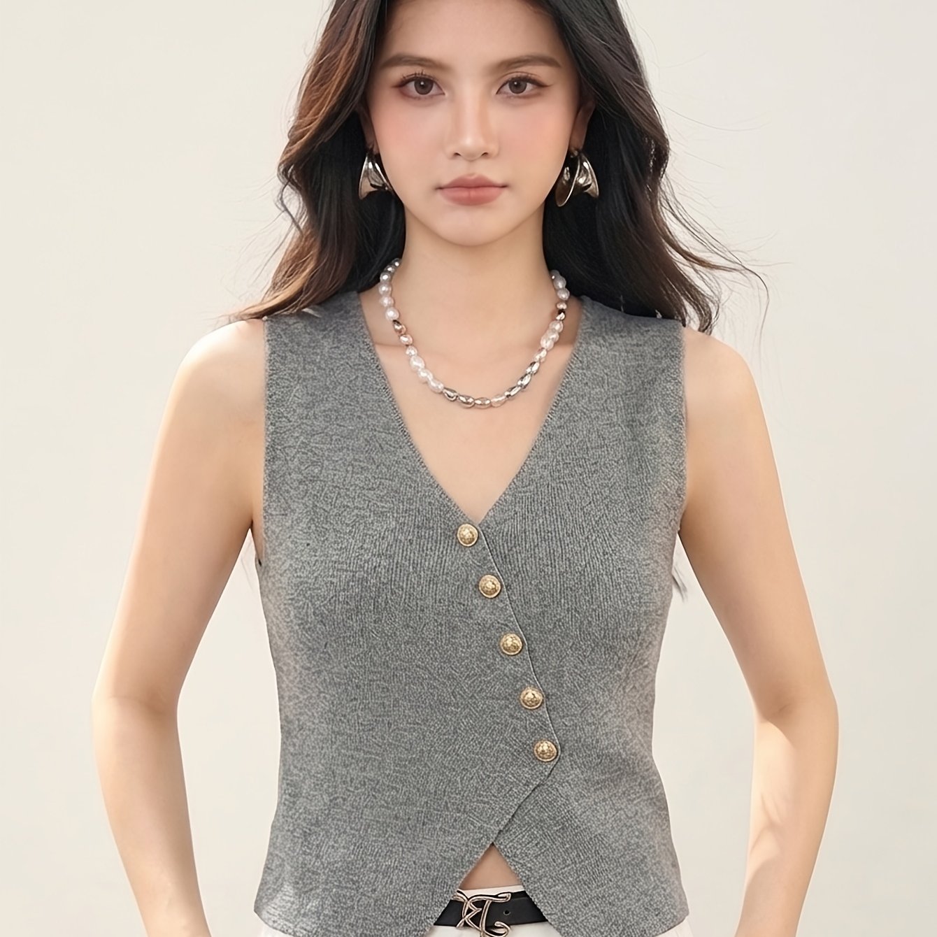 TEMU Summer New Korean Slim V-neck Sleeveless Vest Cardigan Top T-shirt Knitwear