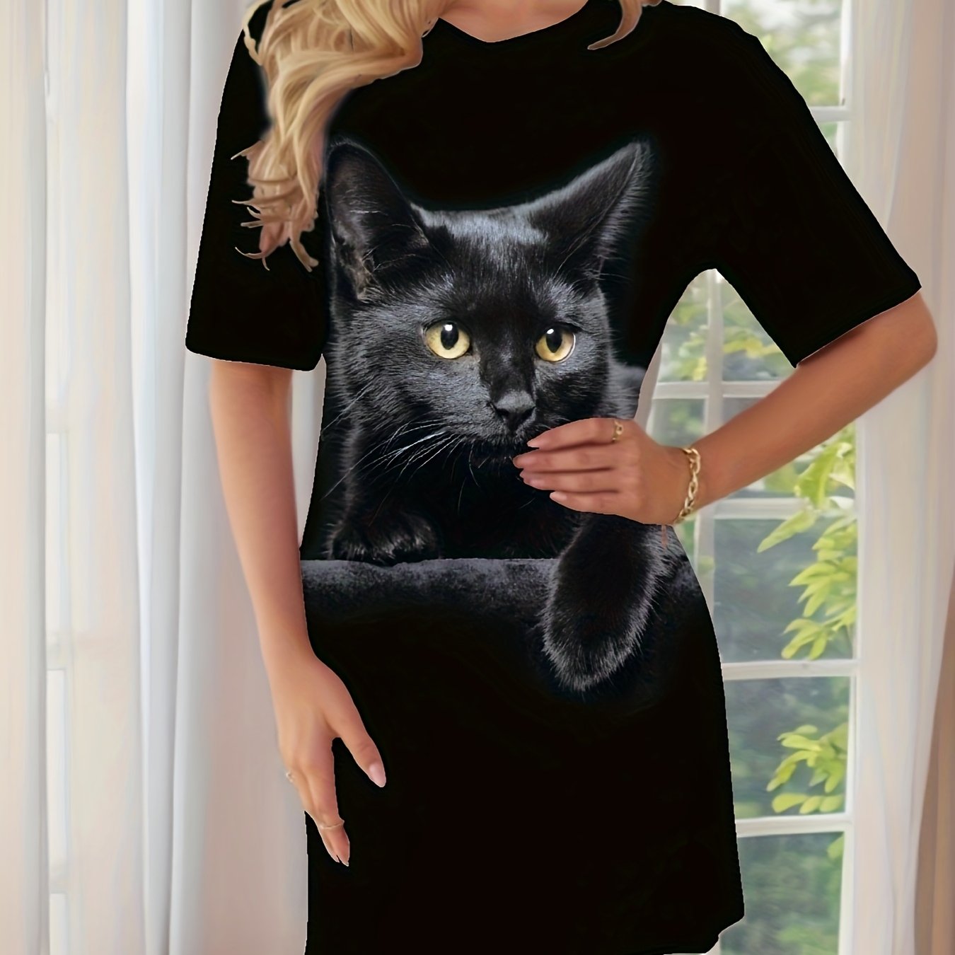Image of Women's Black Cat Dress, Short Sleeve Round Neck T-shirt Dress, Comfortable Sleepwear, And Outdoor Wear