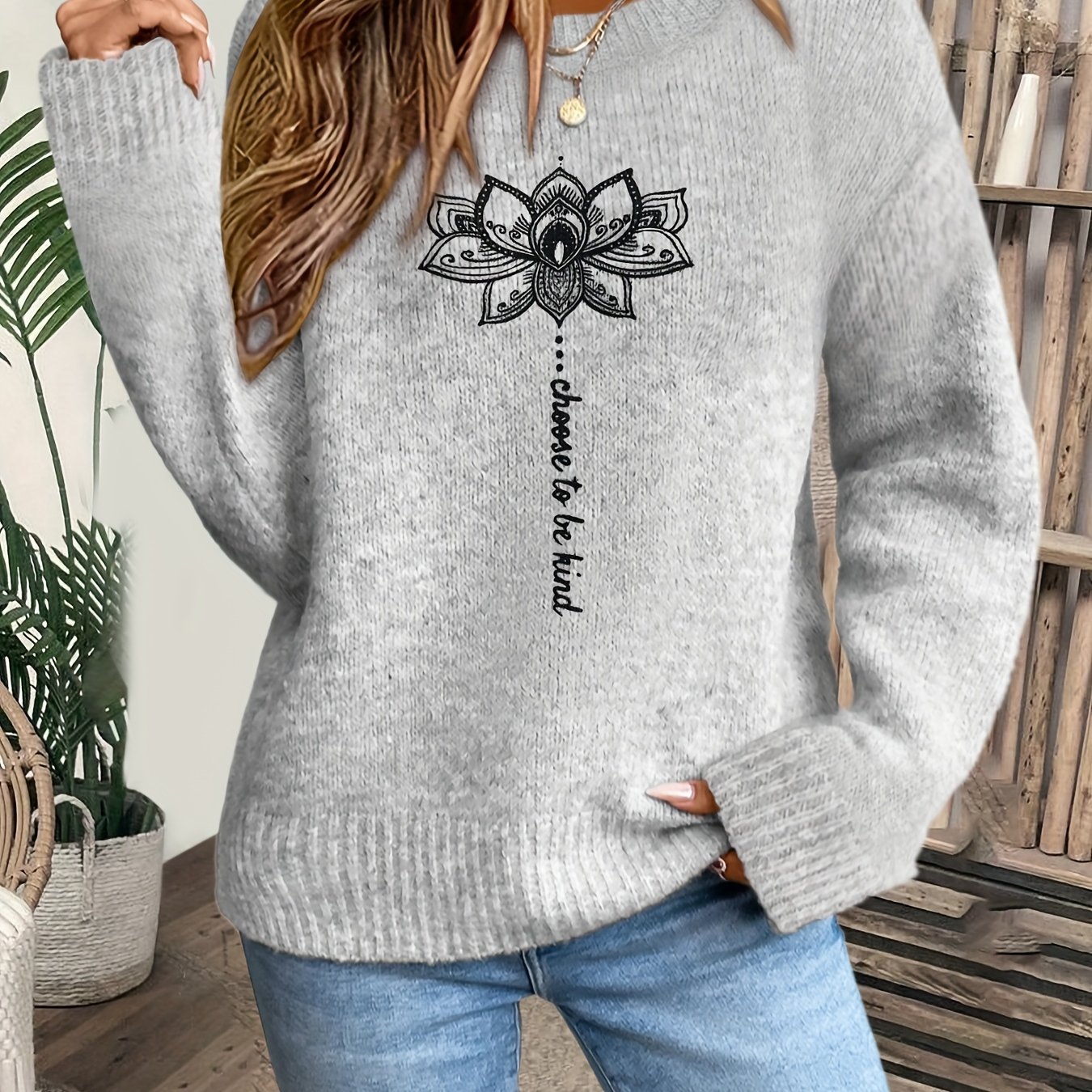 TEMU Haut pull décontracté pour femme, mode hiver, à col ras du cou, simple, avec imprimé floral et lettres