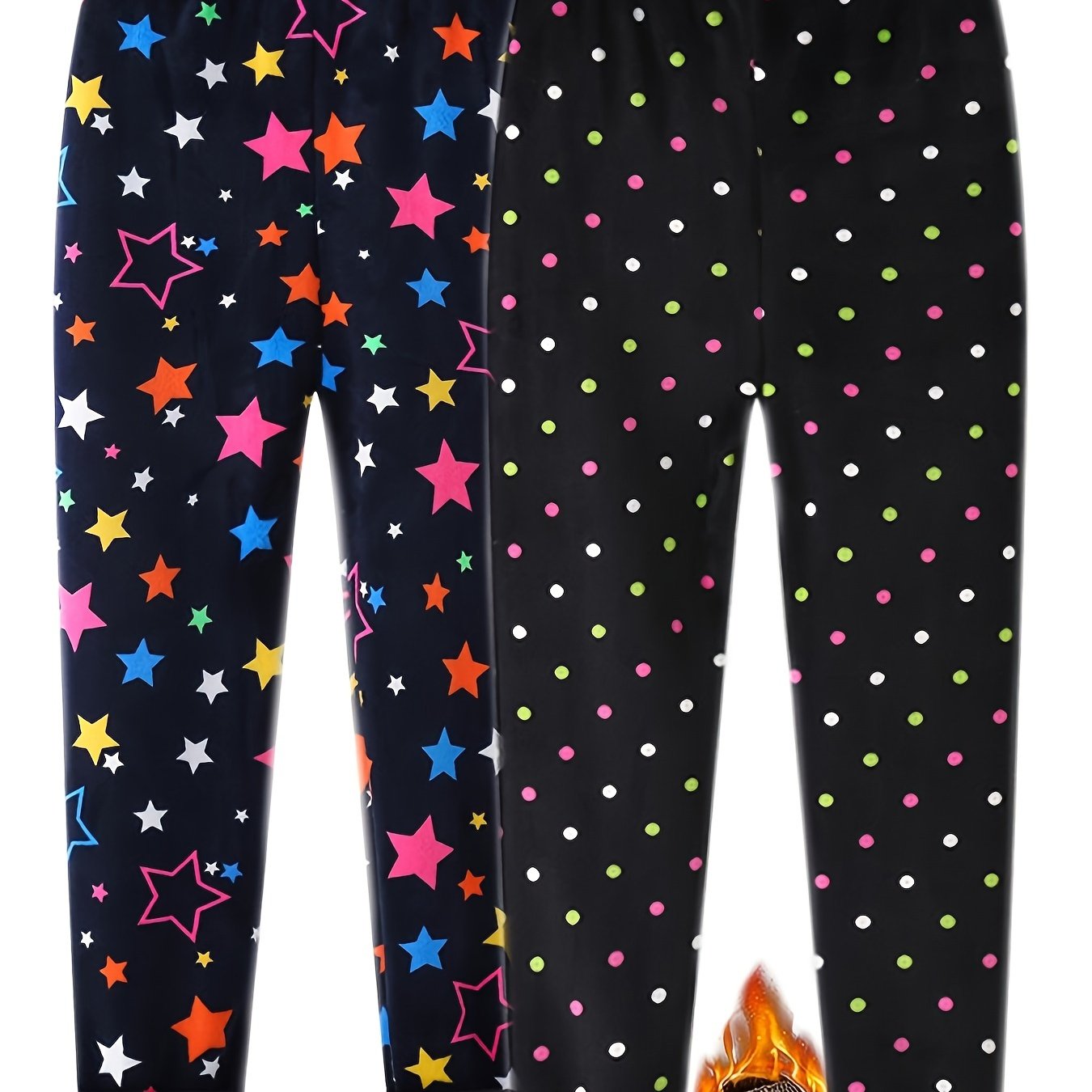 Image of 2pcs Girls Colorful Stars Polka Dot Pattern Long Pants Autumn And Winter Pants Warm Pants Outside Wear, Outdoor Cloth