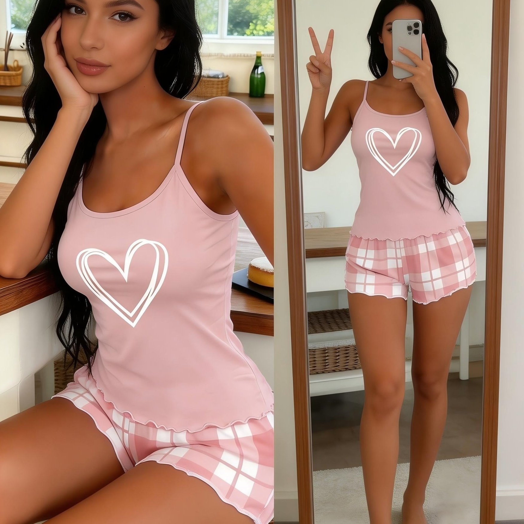 Image of Women's Pajama Set With Heart Print Ruffle Camisole And Shorts, Casual Loungewear