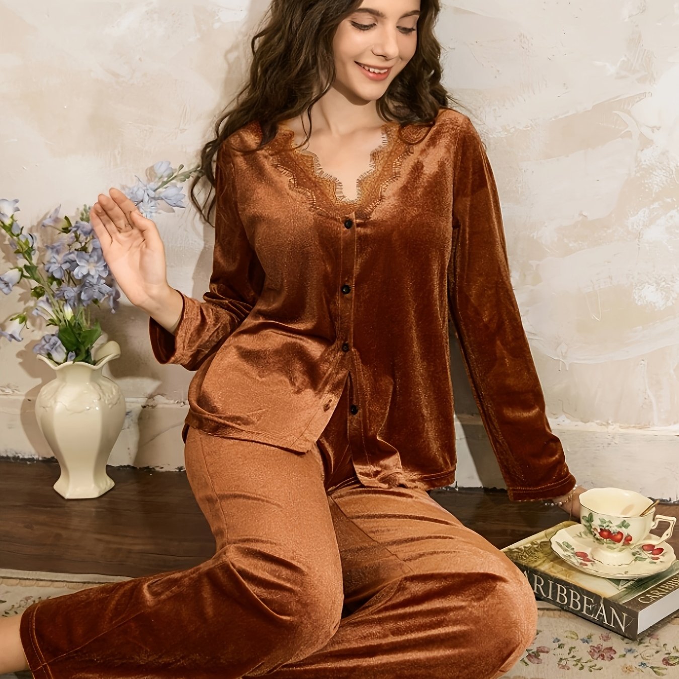TEMU Women's -brown Velvet Pajama Two-piece Set, V-neck Eyelash Lace Scalloped Single-button Long Cardigan And High-waist Flowing Wide-leg Pants Home