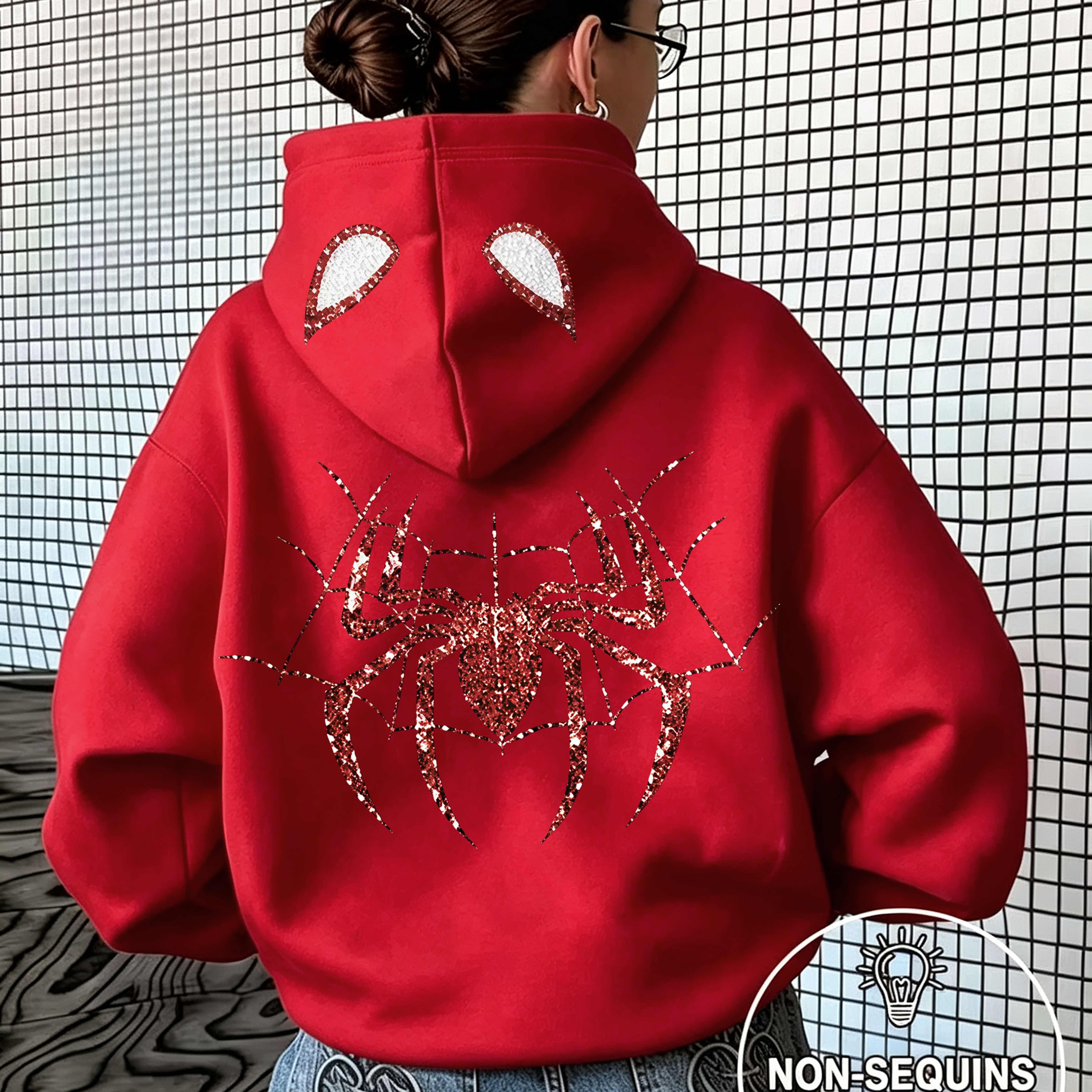 TEMU Women's Hooded Sweatshirt, Regular Fit, Fashionable Easy Temperament, Cool Spider Web Print, Versatile , Suitable For And Daily Wear
