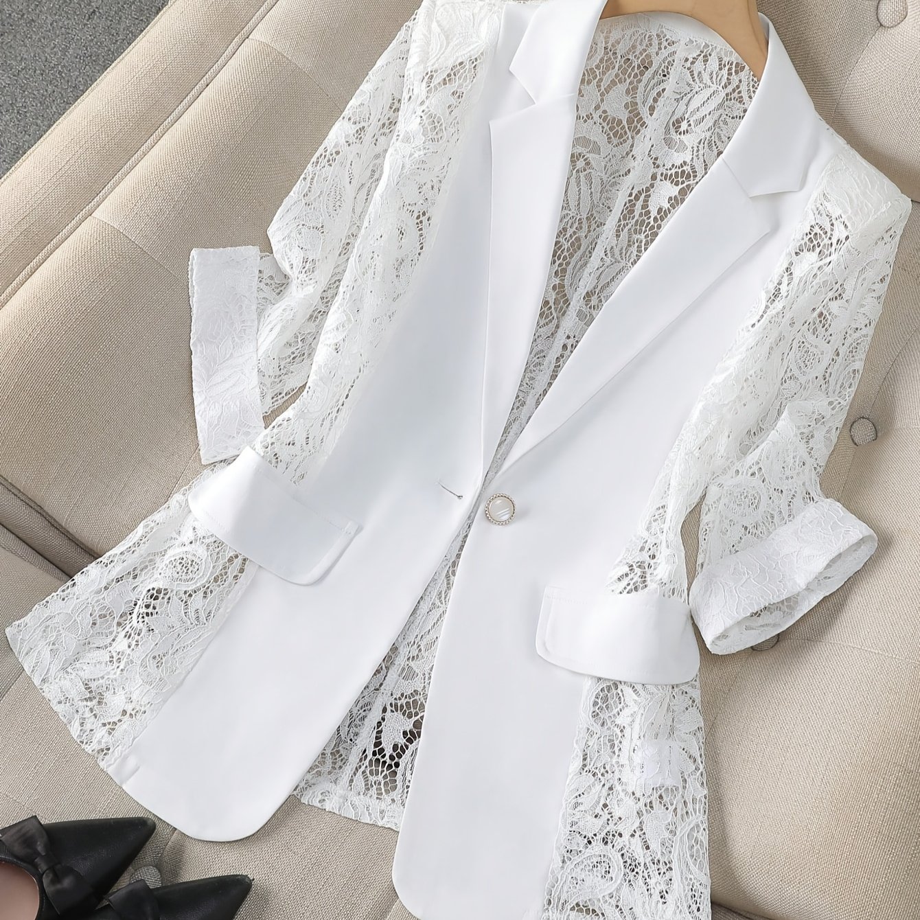 TEMU Plus Size, Plus-size Women's Lightweight Solid-color Lace Blazer, Casual Office Wear, Three-quarter Sleeves, Suitable For Occasions