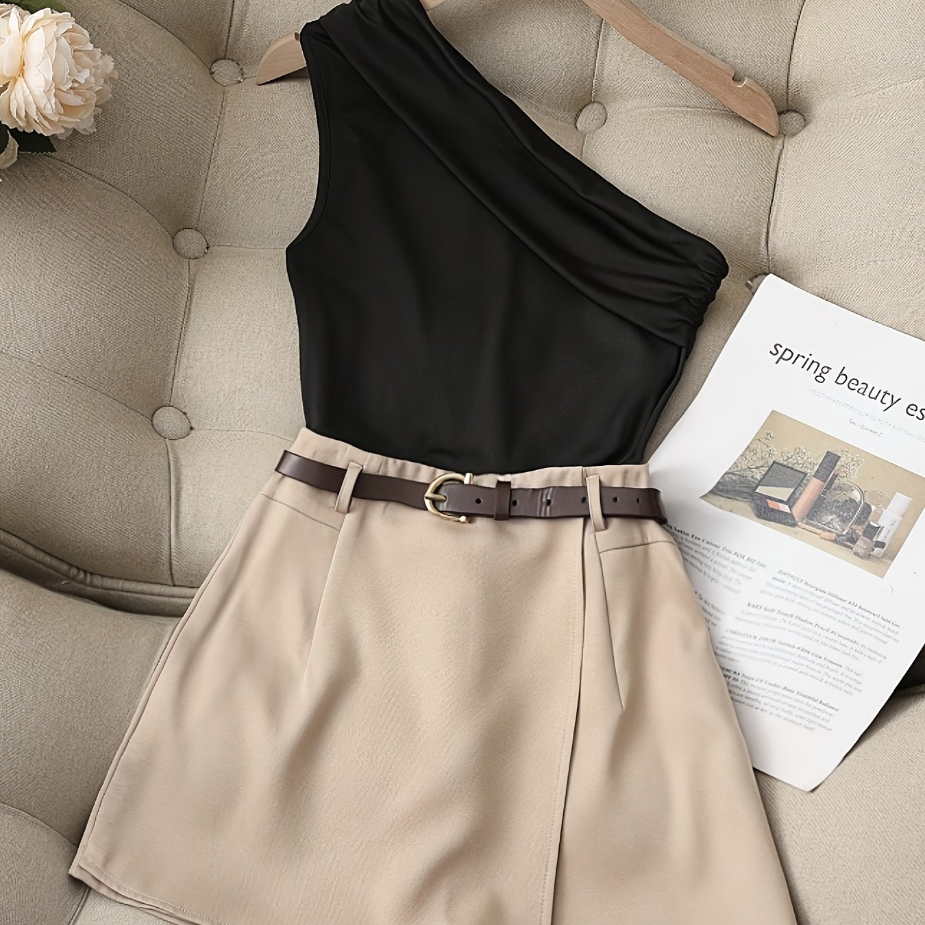 TEMU /summer/, Simple, Stylish, And Versatile For , Daily Wear, And Mature Business Attire, Cross-body Top And Pants/skirt Set, Suitable For Spring,