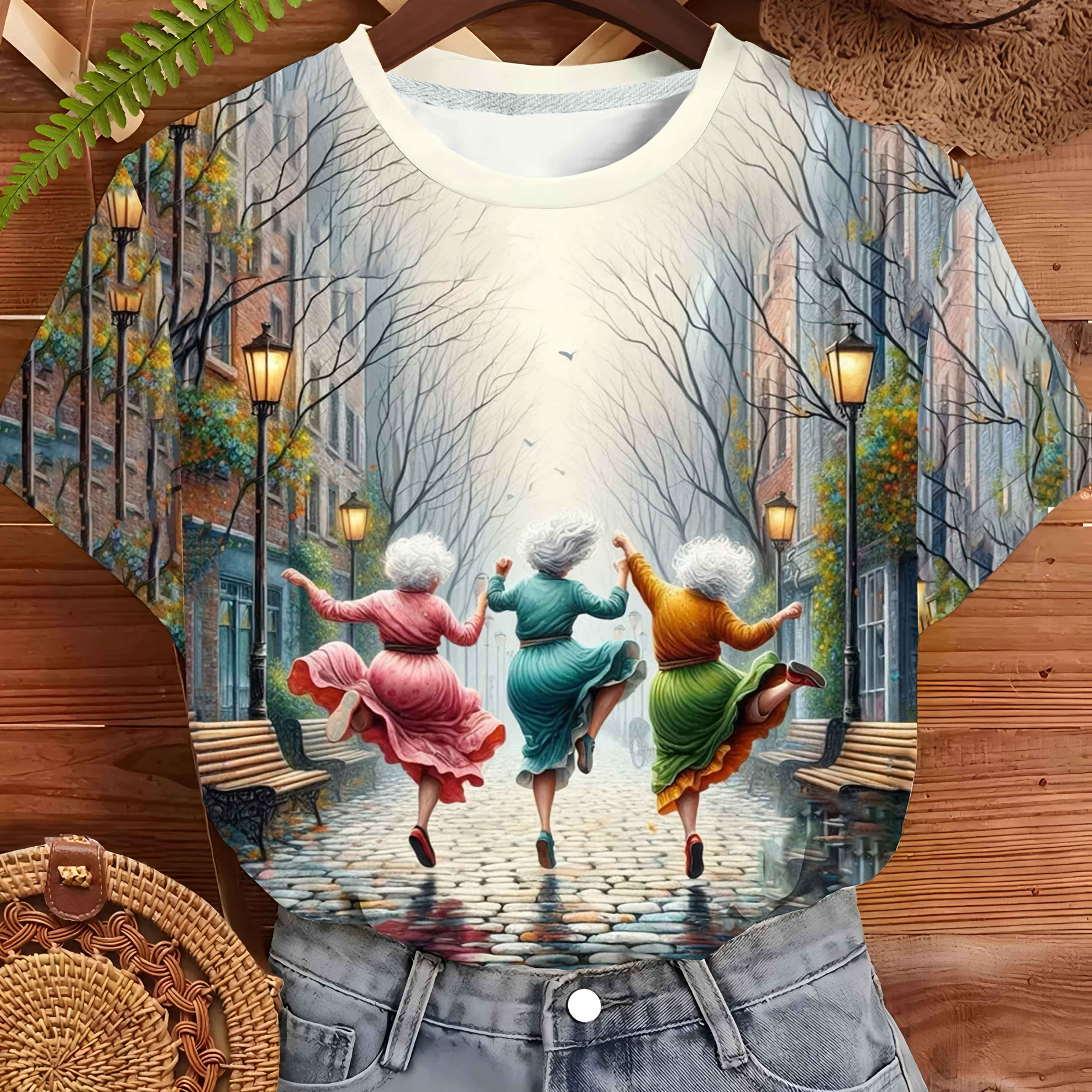 Women's Whimsical Grandma Cartoon T-shirt, Short Sleeve, Silver-haired Grandma And Sister, Happy Life, Casual Wear, Machine Washable, Daily Tee, Design, Fabric, Grandma Gift