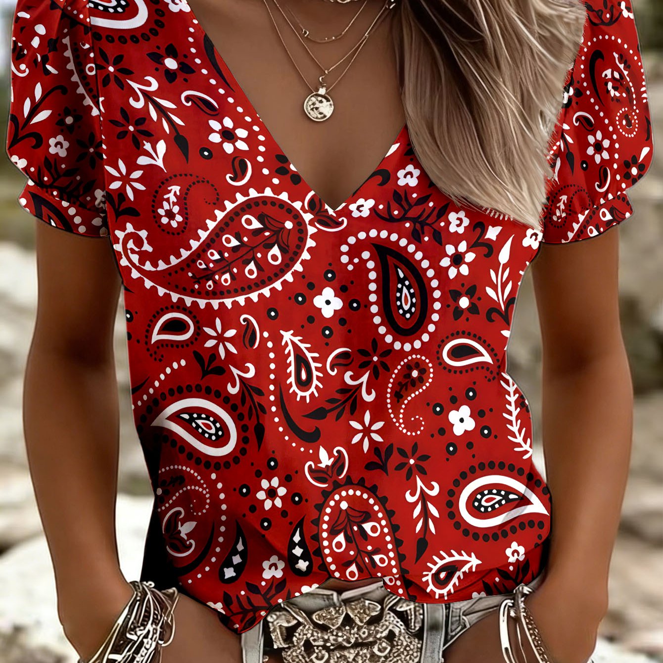 Boho Retro Print Women's V-neck Puff Sleeve Sports Tee, Lightweight Breathable Casual Activewear, Summer Workout Top For Running, Loose Fit Short Sleeve Blouse For Daily Outfit