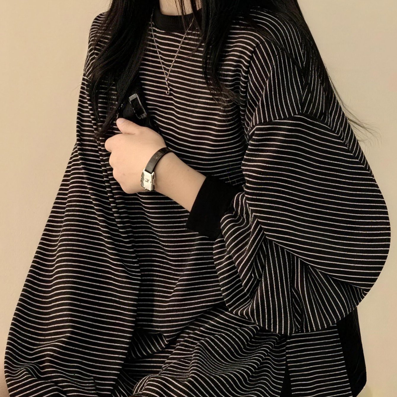 TEMU T-shirt à manches longues rayé pour femmes, col rond, style multifonctionnel, idéal pour les quotidiens, T-shirt à manches longues rayé , col