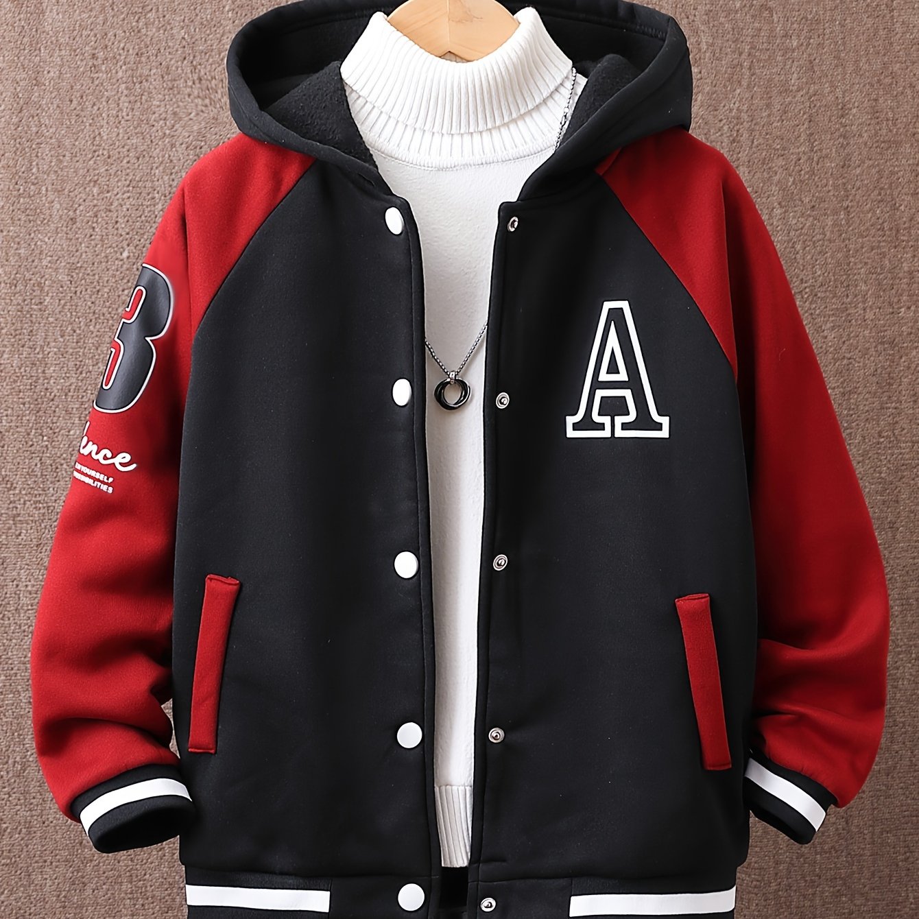 Image of Boys' Fashion Hoodie Fall Winter Sweatshirt Color Block Letter Print Raglan Sleeve Top For Middle And Older Kids,christmas,halloween