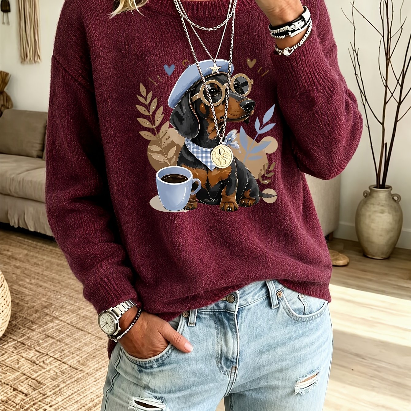 TEMU Women's Dachshund Print Sweater With Glasses - Round Neck Pullover Sweater Suitable For Fall Winter Warm Cozy Sweaters, Machine Washable Casual