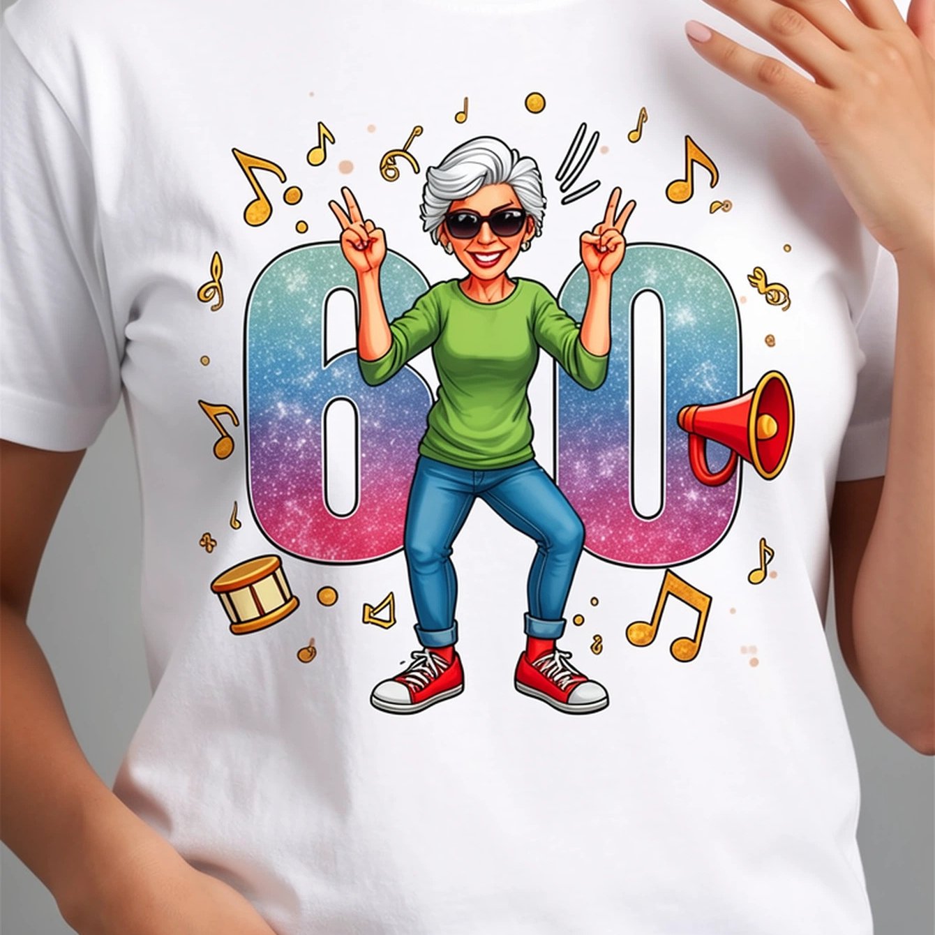 Image of Women's 60th Birthday T-shirt - Dancing Grandma & With Shimmering 60 Number - Round Neck Short Sleeve Casual Tee Suitable For 60 Years Gift, Celebration Apparel