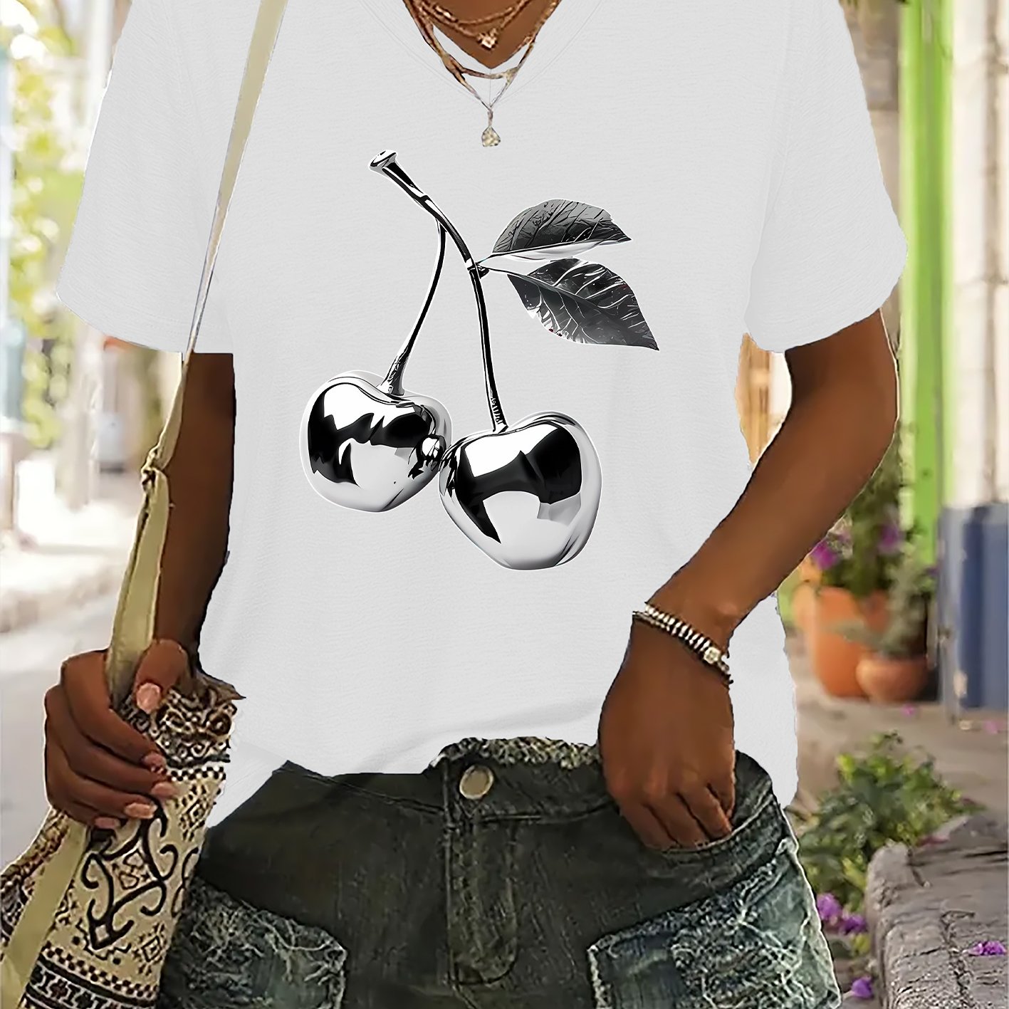 TEMU Camiseta con estampado , top casual de manga corta y cuello en V para verano y , ropa de mujer