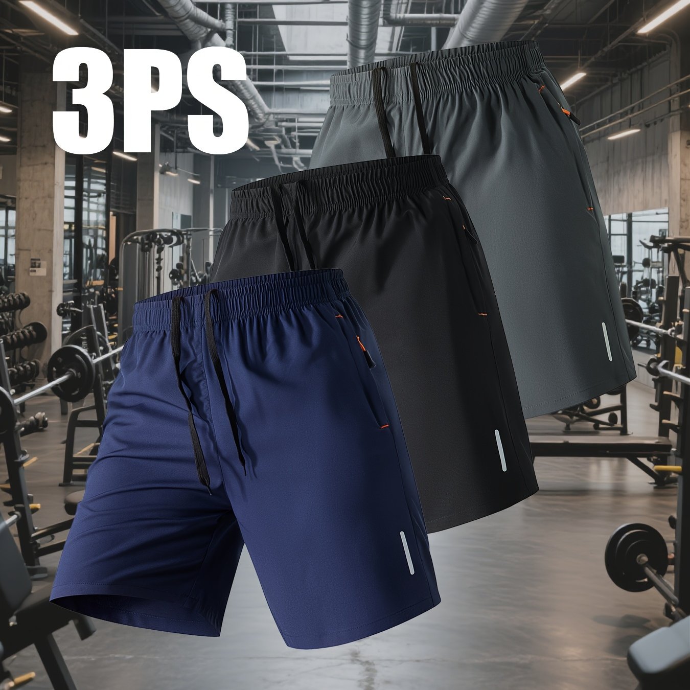 TEMU 3pcs Men's Athletic Casual Shorts, Gym Preferred Solid Color Breathable Quick- Style With Zipper Pockets, Waist Drawstring Design, Suitable For