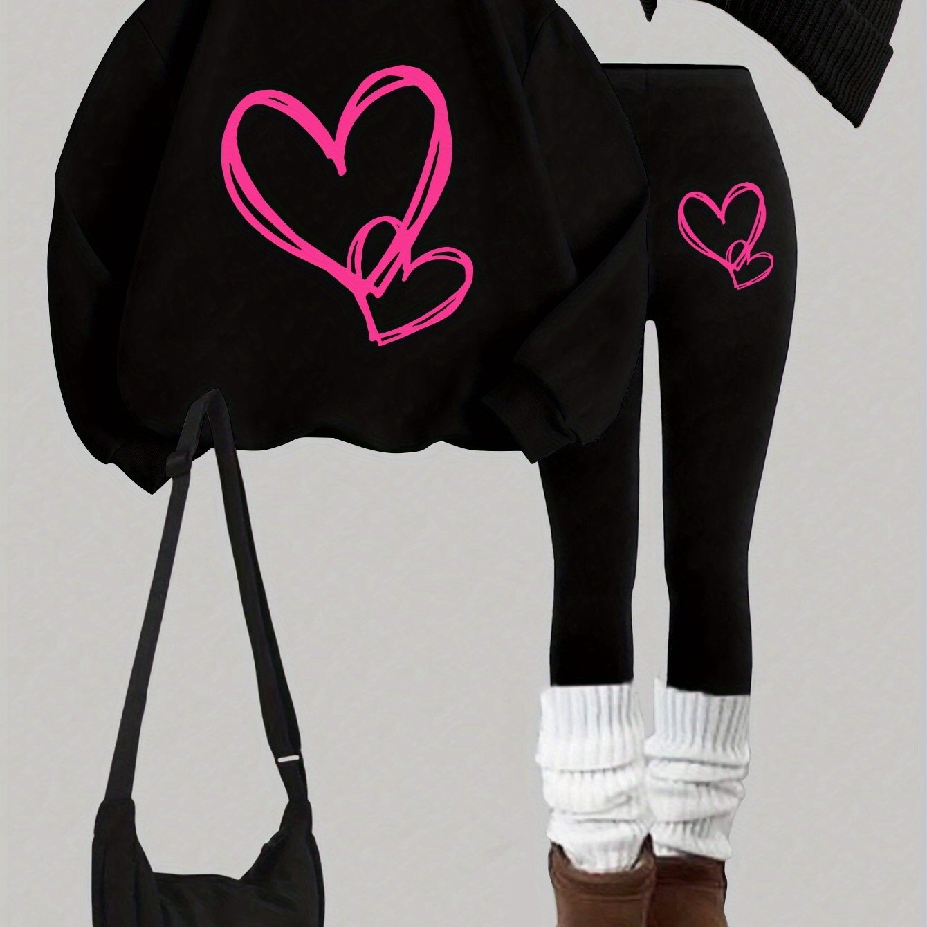 TEMU 0926gwen, 1 Set Of Casual Women's Sweatshirt Suit 2pcs Set, Heart Print, Round Neck Long-sleeved Sweatshirt, Long Leggings, Worn Alone Or As An