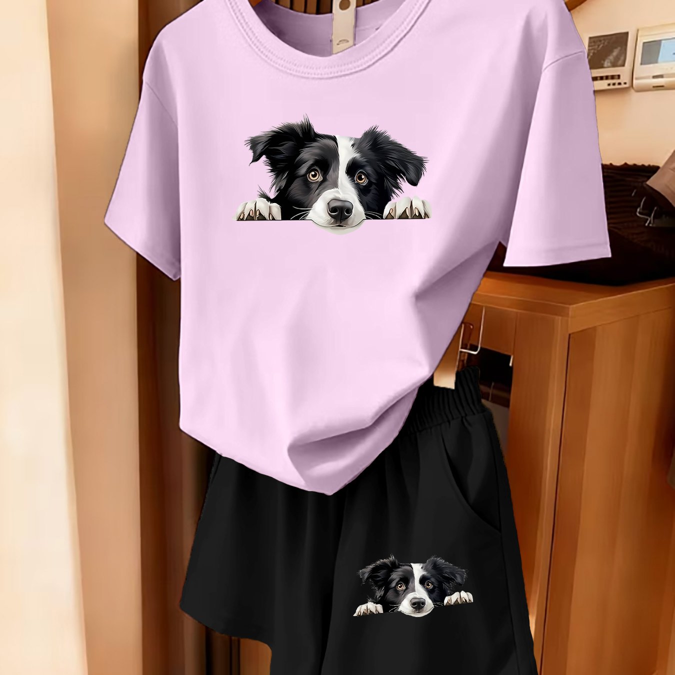 TEMU 2pcs Women's Summer Short Sleeve Setâcute Border Collie Peeking Out, Fun Pattern Print Short Sleeve And Shorts Set, Comfortable, Soft, And