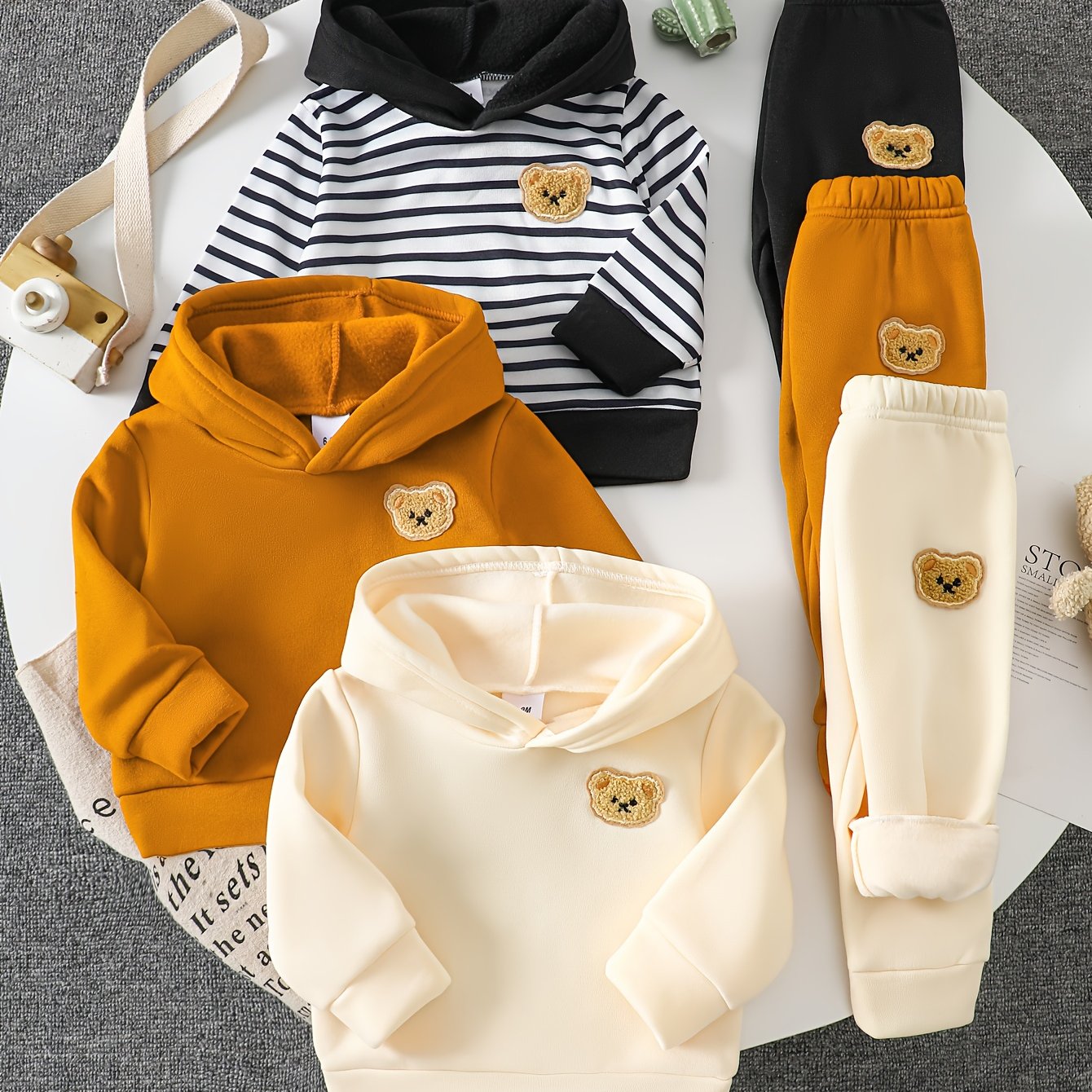 Image of Baby Boys' Autumn And Winter Velvet Hoodie 3pcs Set 6pcs Set With Little Bear Badge, Suitable For Outdoor Wearing In Autumn And Winter, Gift For Children, Halloween