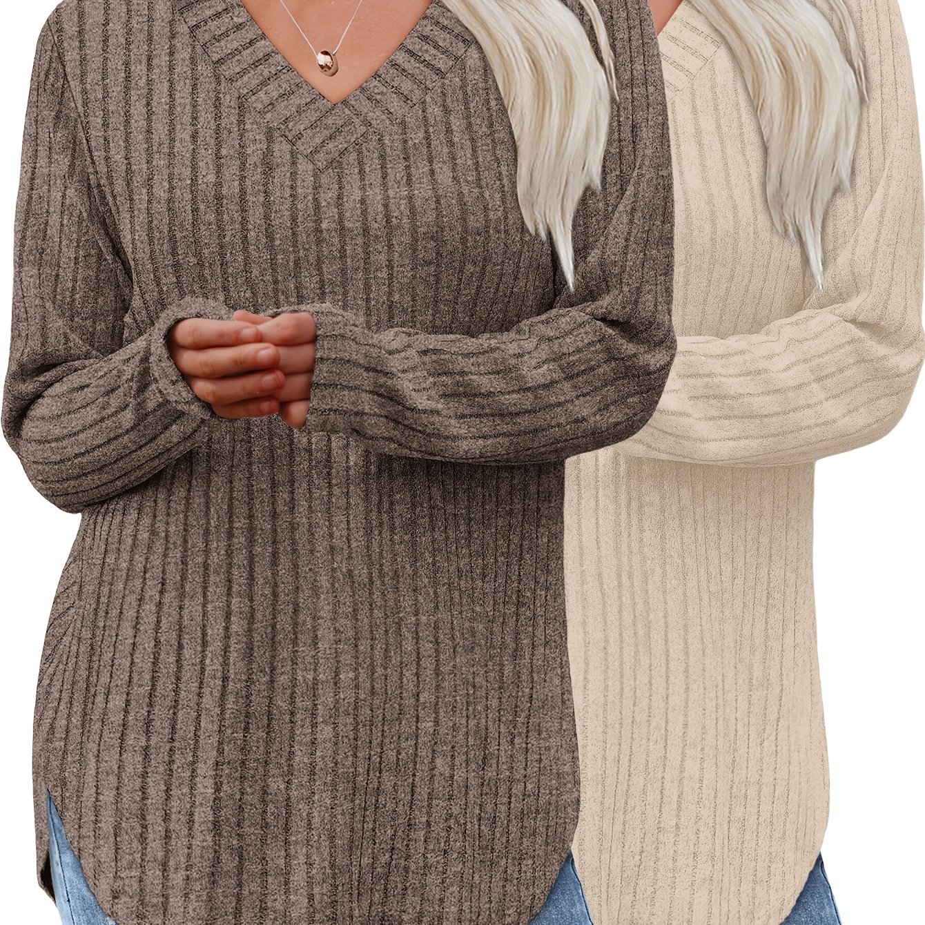 2pcs Women's Fashion Top, Autumn/winter Long-sleeve Basic Pullover, Loose And Elegant V-neck T-shirt