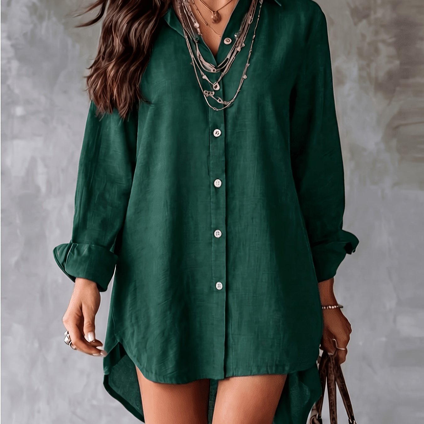 TEMU Women's Elegant Lapel Long-sleeve Shirt, Loose Casual Top