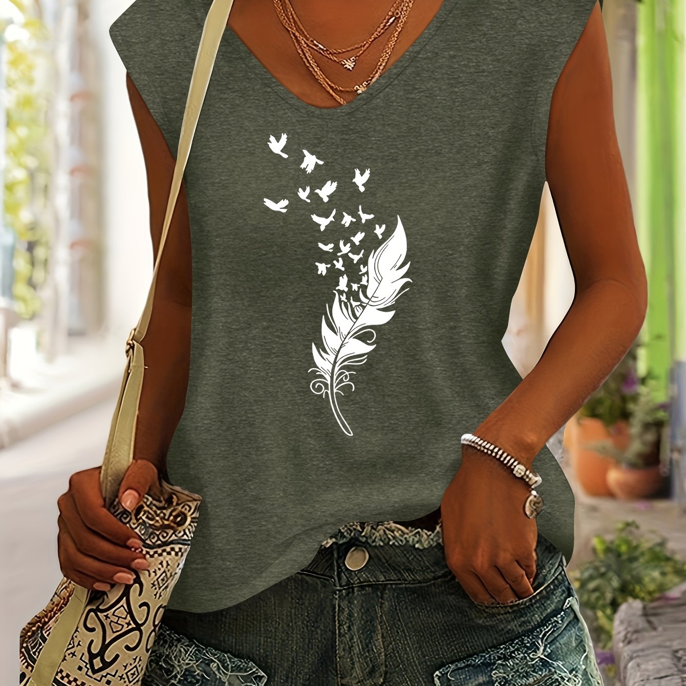 TEMU Women's Spring And Summer Top With Pattern Print, A Versatile And Easy Comfortable Fashion Casual V-neck Short-sleeve T-shirt