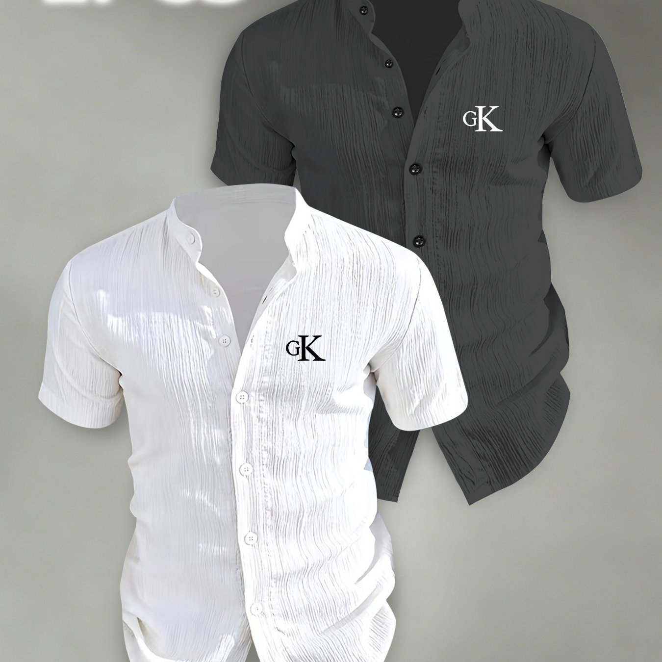 TEMU Fashion 2pcs Men's Casual Comfortable Short-sleeve Shirt - Gk Letter Print Pattern, Summer Lightweight Breathable Stand Collar Button-up Top,