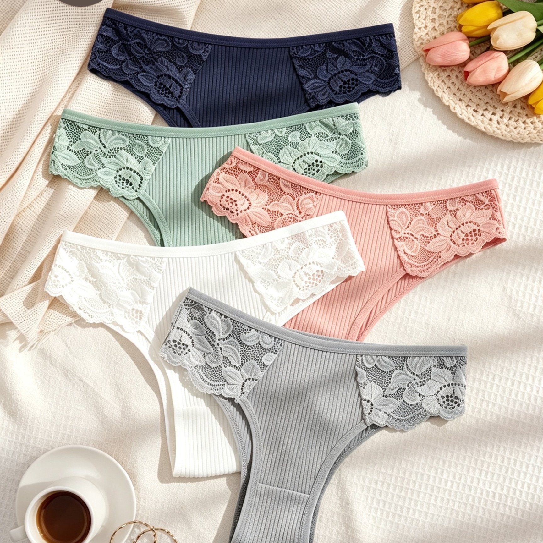 5-pack Women's Panties Solid Color Lace Soft Brazilian Style Ladies Briefs