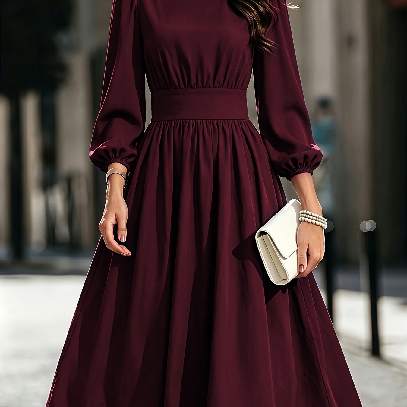 TEMU New Women' Color Bubble Lantern Sleeve Midi Dress With Round Neck, Gathered Waist, And Flared Hem, Suitable For Spring And Autumn , Leisure,