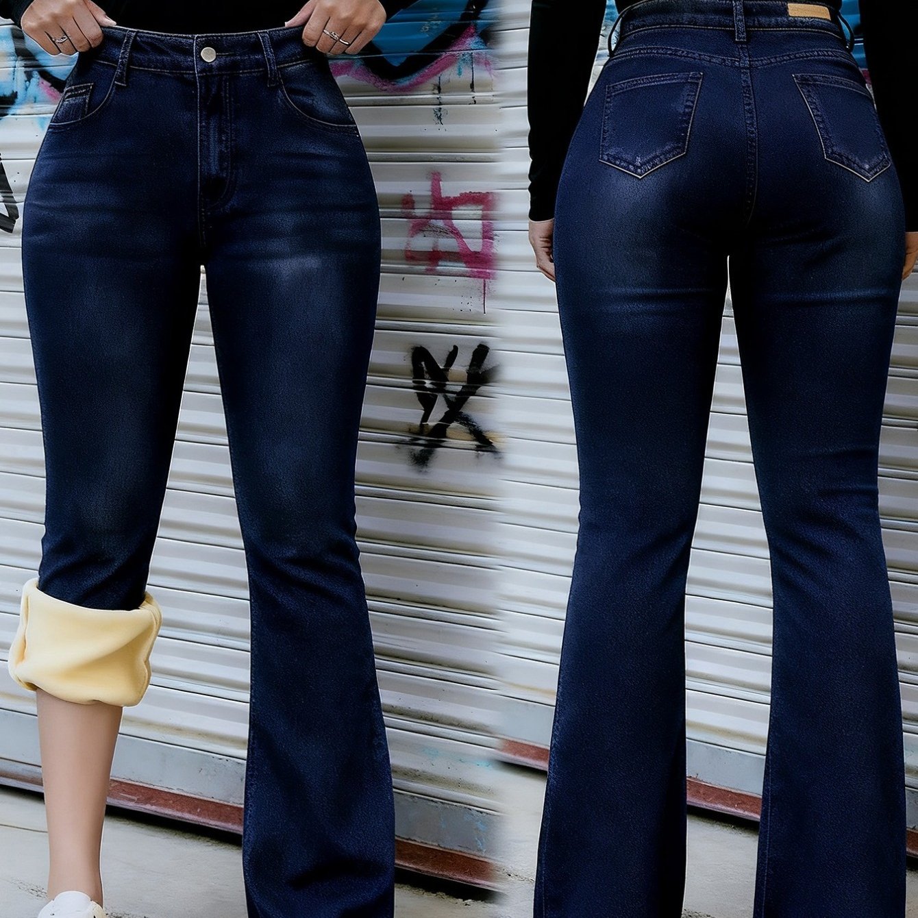 Image of Women's High-waisted Flared Jeans With Fleece Lining | Stretch Denim Wide-leg Pants, & Machine Washable, Comfortable Casual To Semi-formal Wear, Washed Jeans For Women