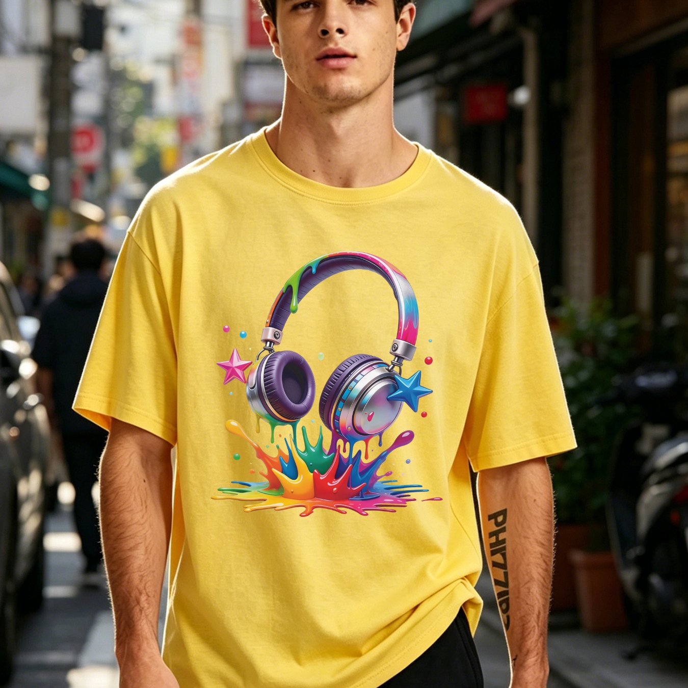 Image of Men's Crewneck Short Sleeve T-shirt - Colorful Headphones Streetwear Design, Loose Fit Ideal For Spring/summer Music And , Comfortable With Vibrant Graphics Perfect For Activities & Gatherings